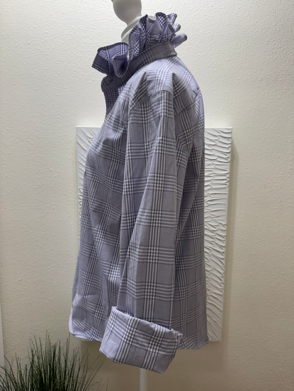 SOLD Kate - Upcycled Mens Ruffle Collar Shirt - lavender plaid - Size Medium/Large