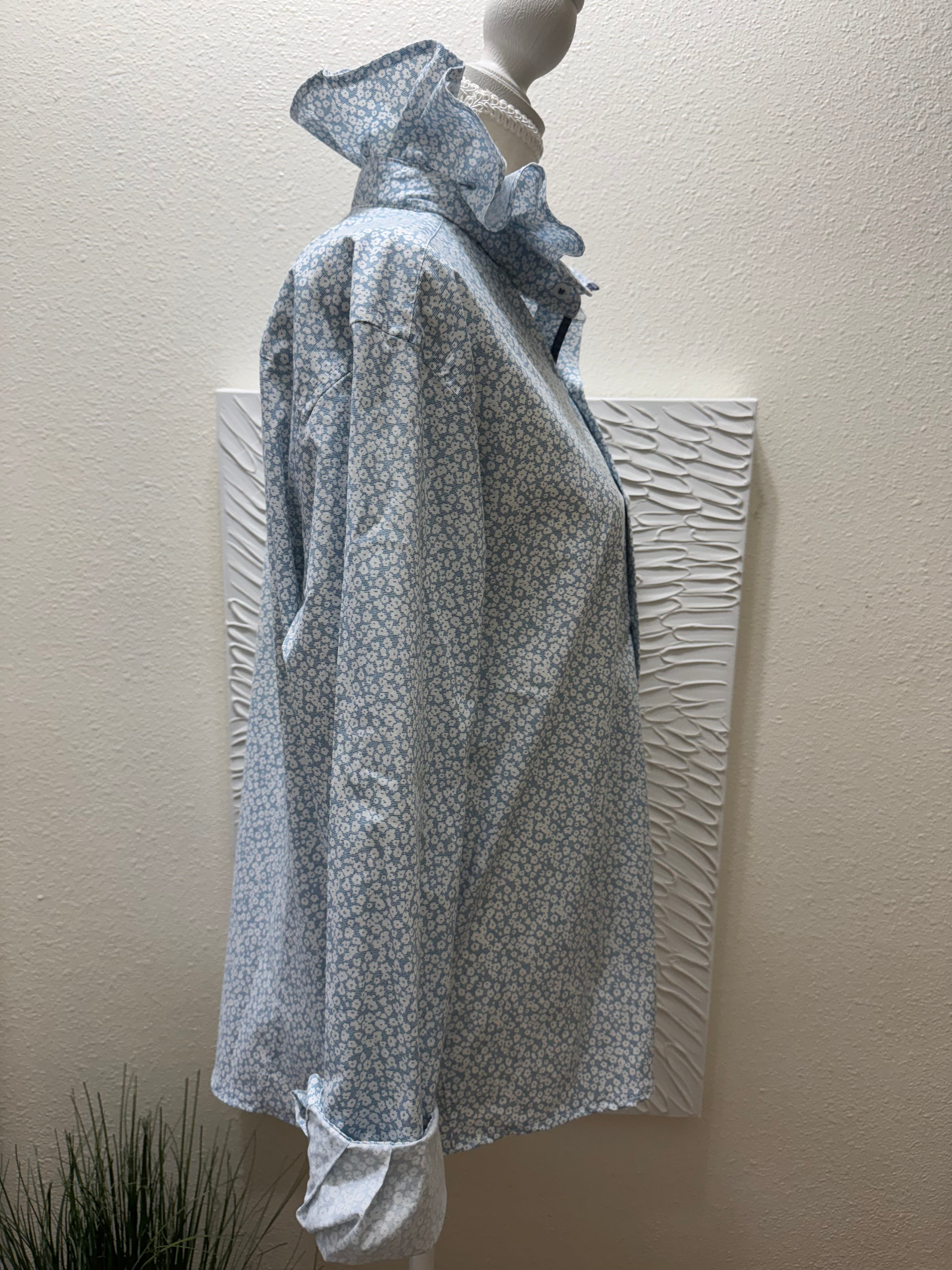 Penelope - Bar III Upcycled Mens Ruffle Collar Shirt - blue floral- Size XL