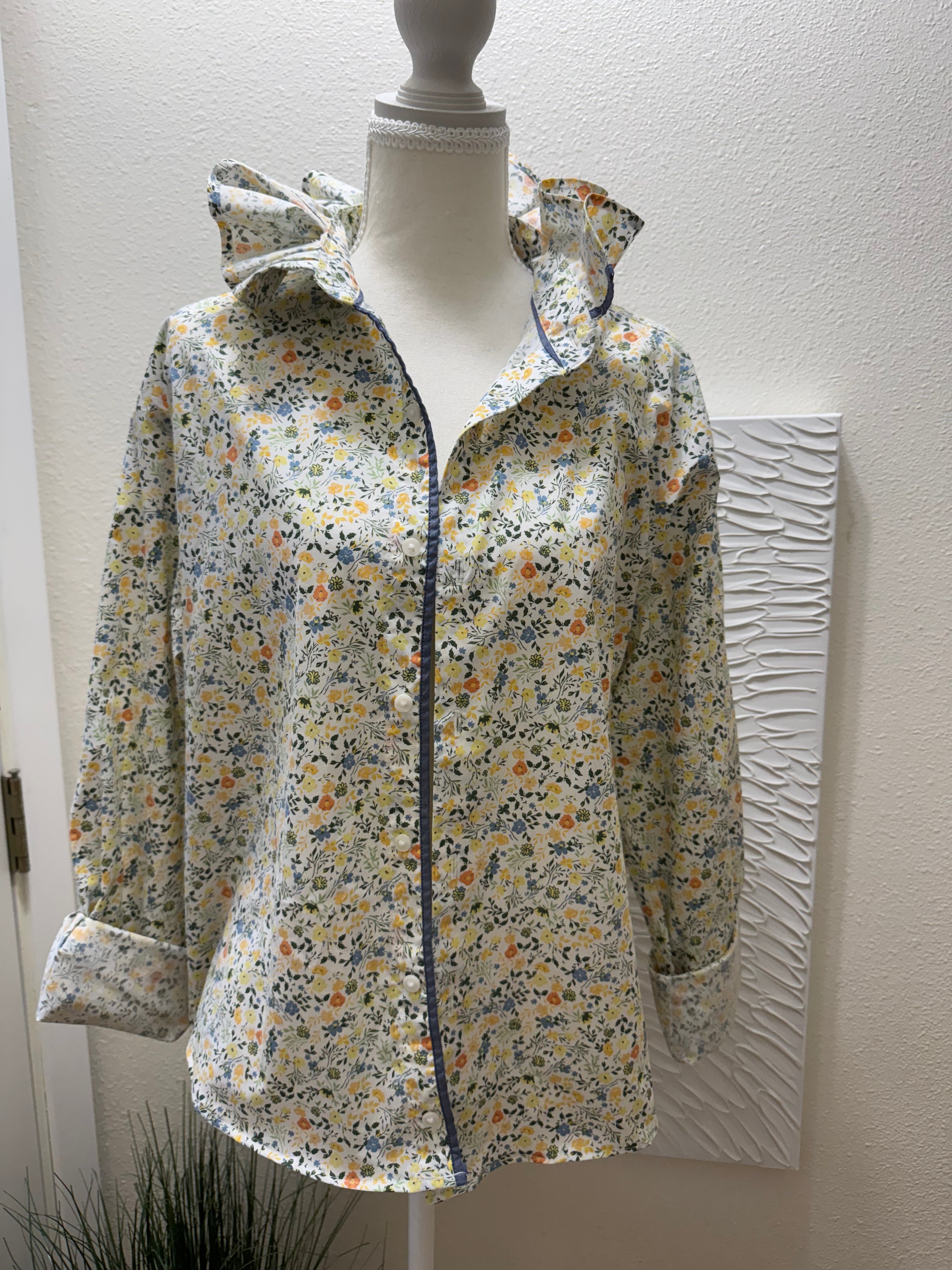 SOLD Eloise - Bar III Upcycled Mens Ruffle Collar Shirt - Spring Floral - Size XL