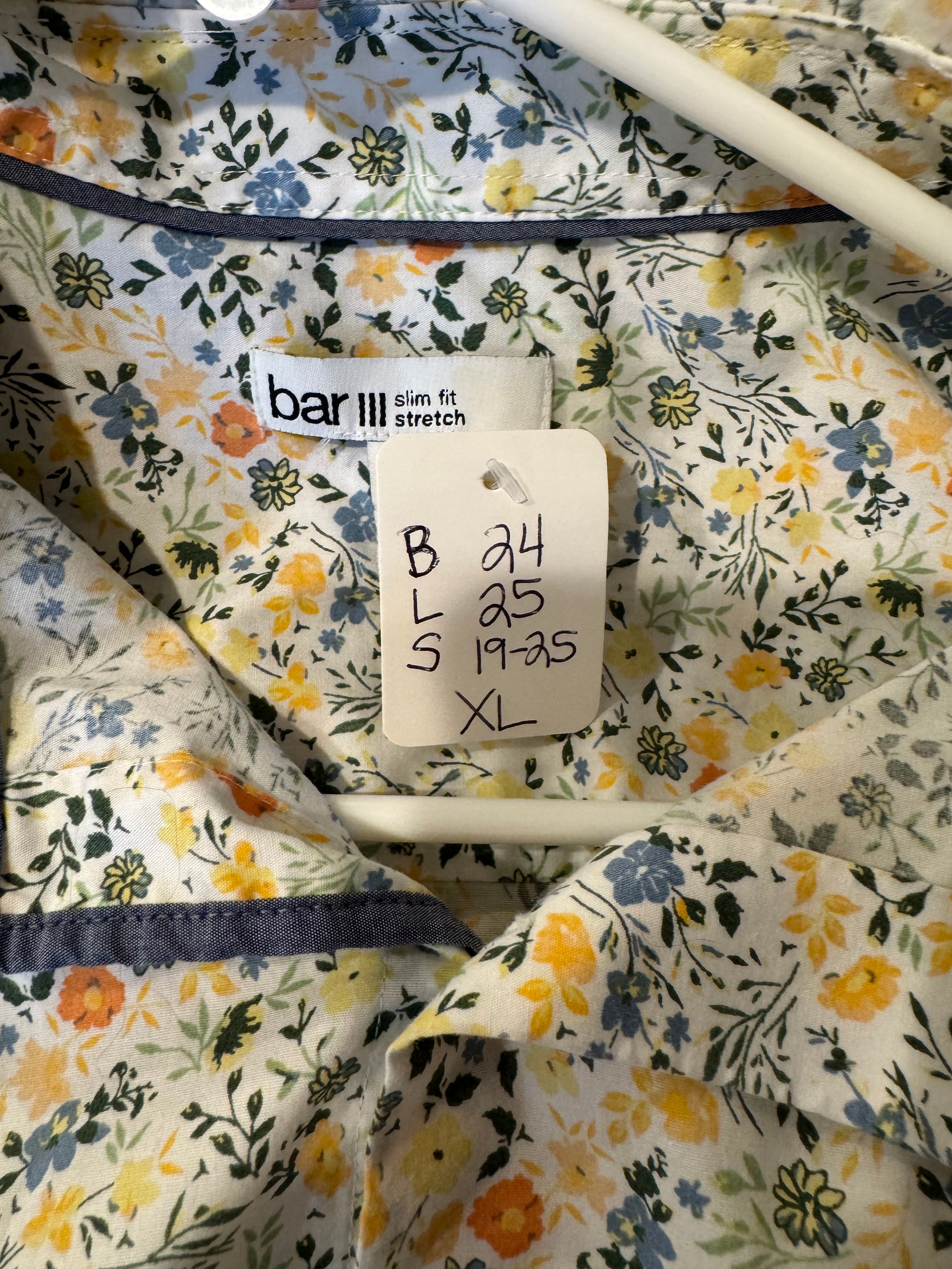 SOLD Eloise - Bar III Upcycled Mens Ruffle Collar Shirt - Spring Floral - Size XL
