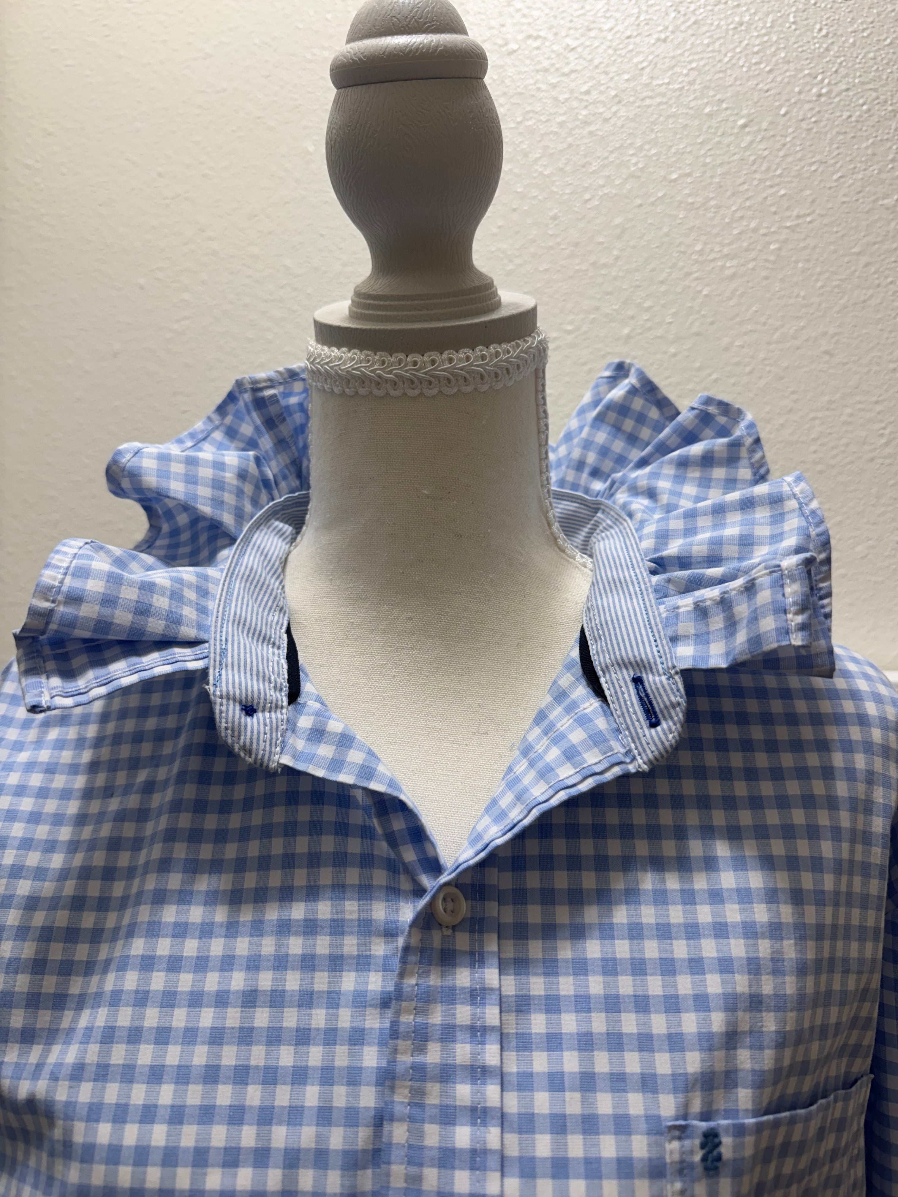 SOLD Francesca - IZOD Upcycled Mens Ruffle Collar Shirt - light blue checkered - Size Medium/Large