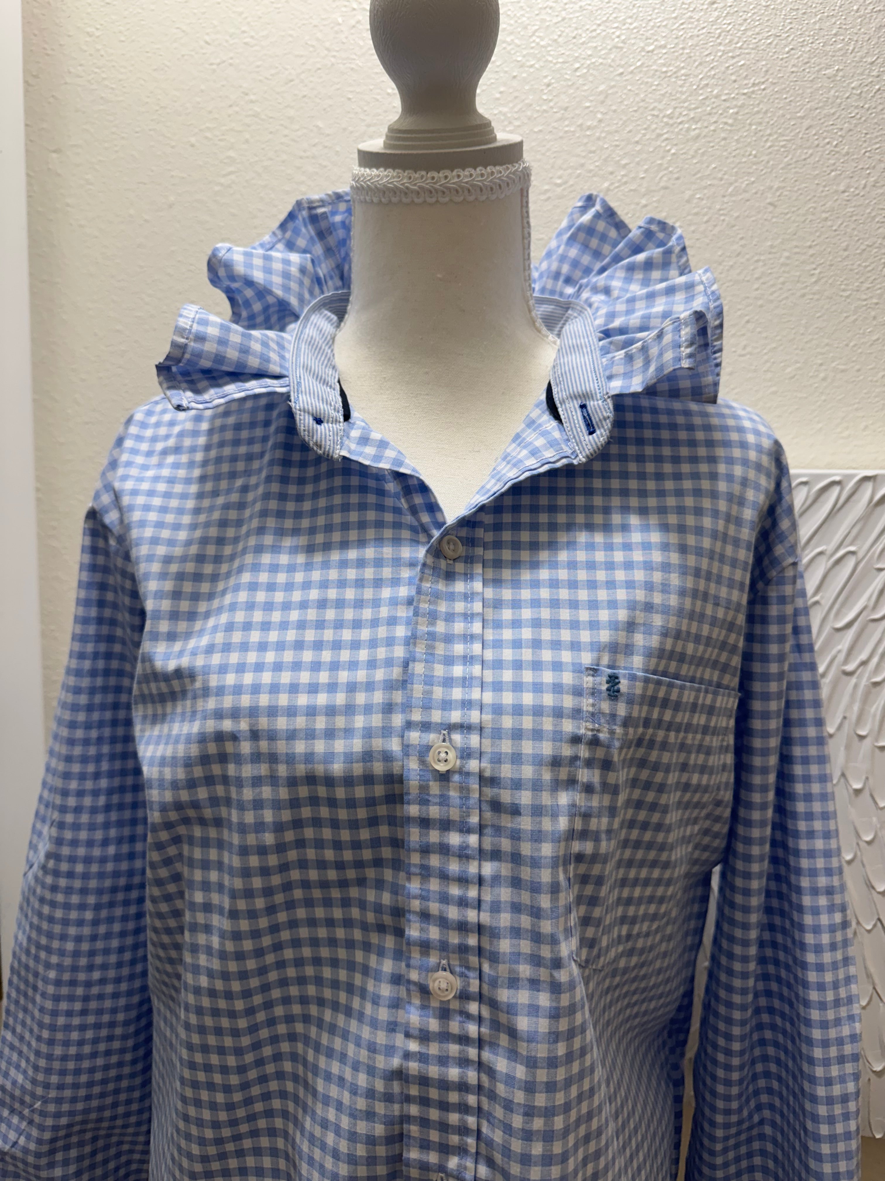 SOLD Francesca - IZOD Upcycled Mens Ruffle Collar Shirt - light blue checkered - Size Medium/Large