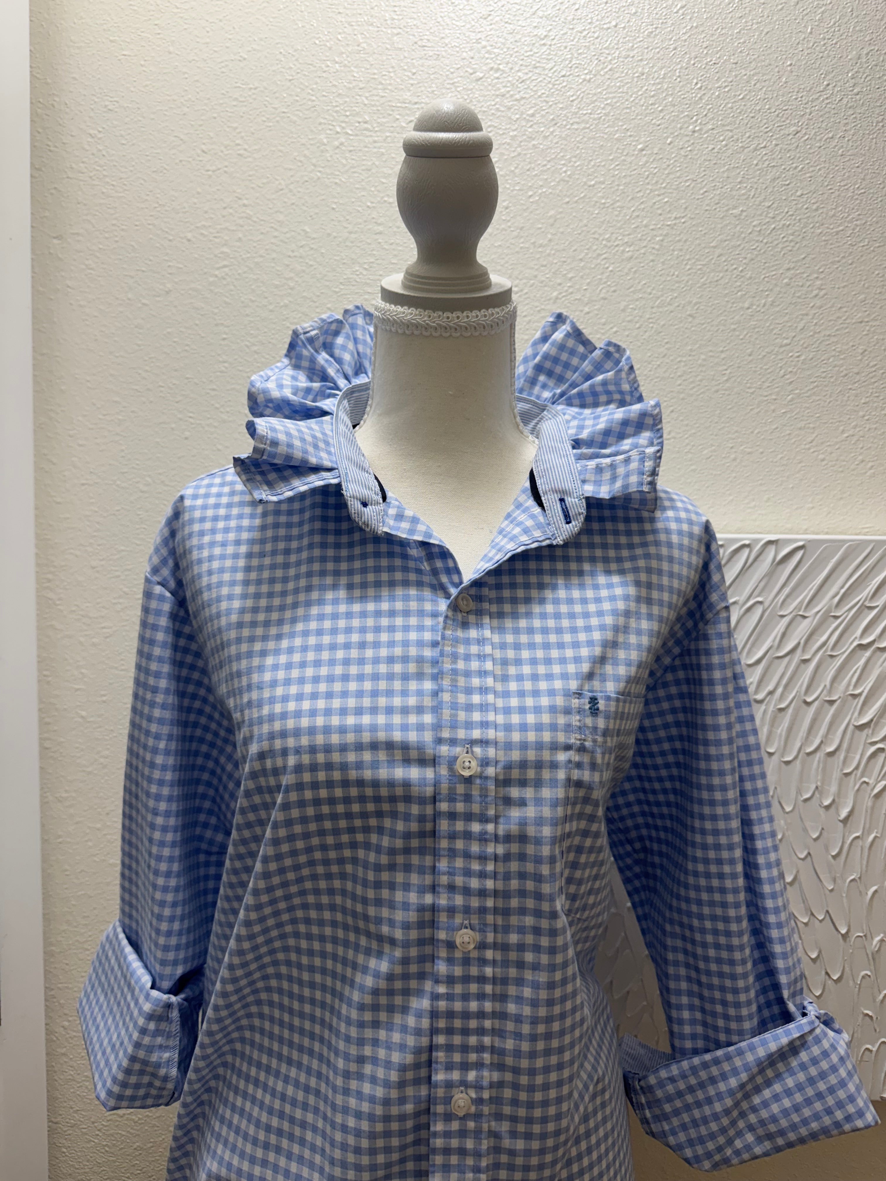 SOLD Francesca - IZOD Upcycled Mens Ruffle Collar Shirt - light blue checkered - Size Medium/Large