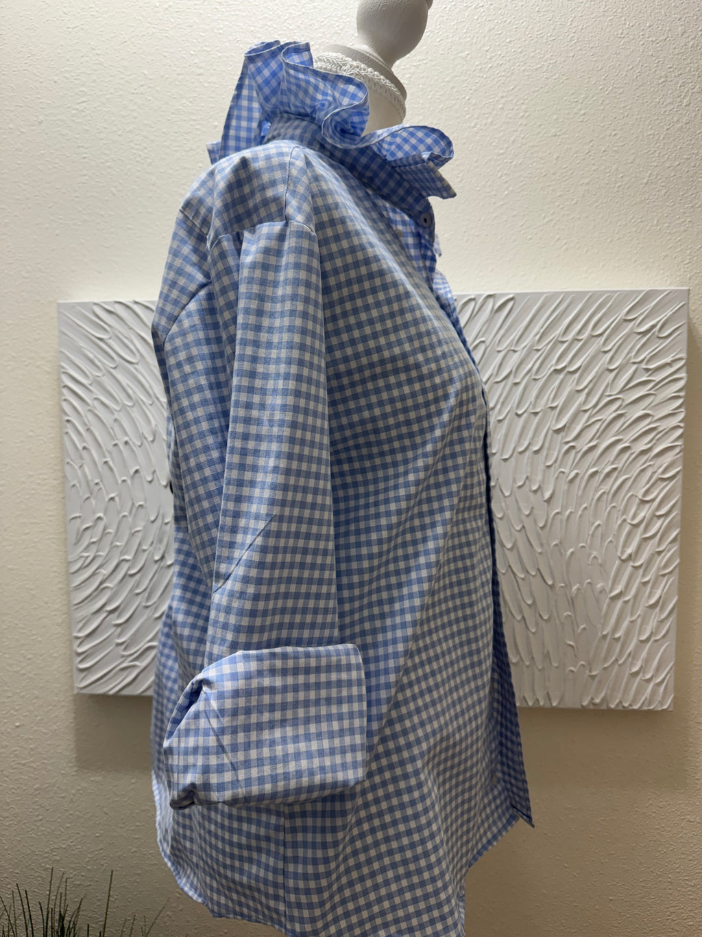SOLD Francesca - IZOD Upcycled Mens Ruffle Collar Shirt - light blue checkered - Size Medium/Large