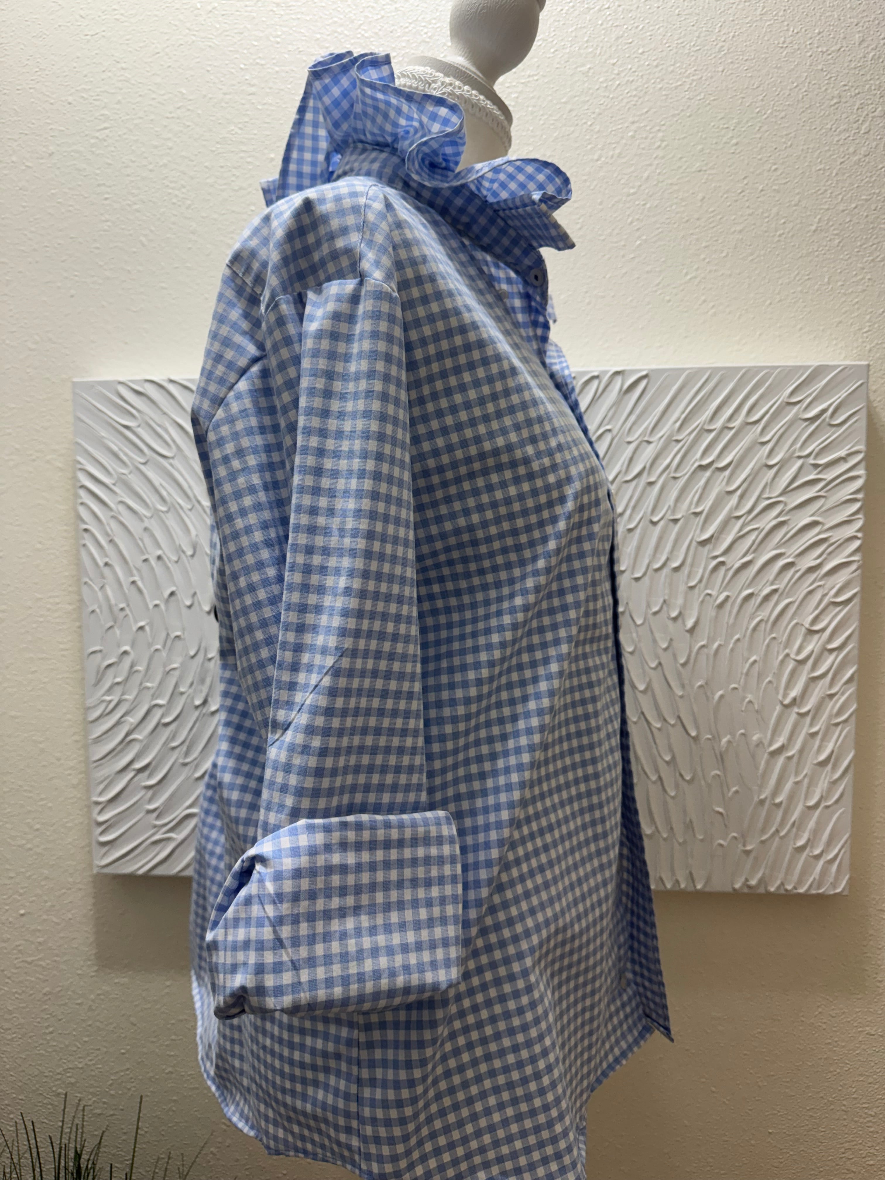 SOLD Francesca - IZOD Upcycled Mens Ruffle Collar Shirt - light blue checkered - Size Medium/Large