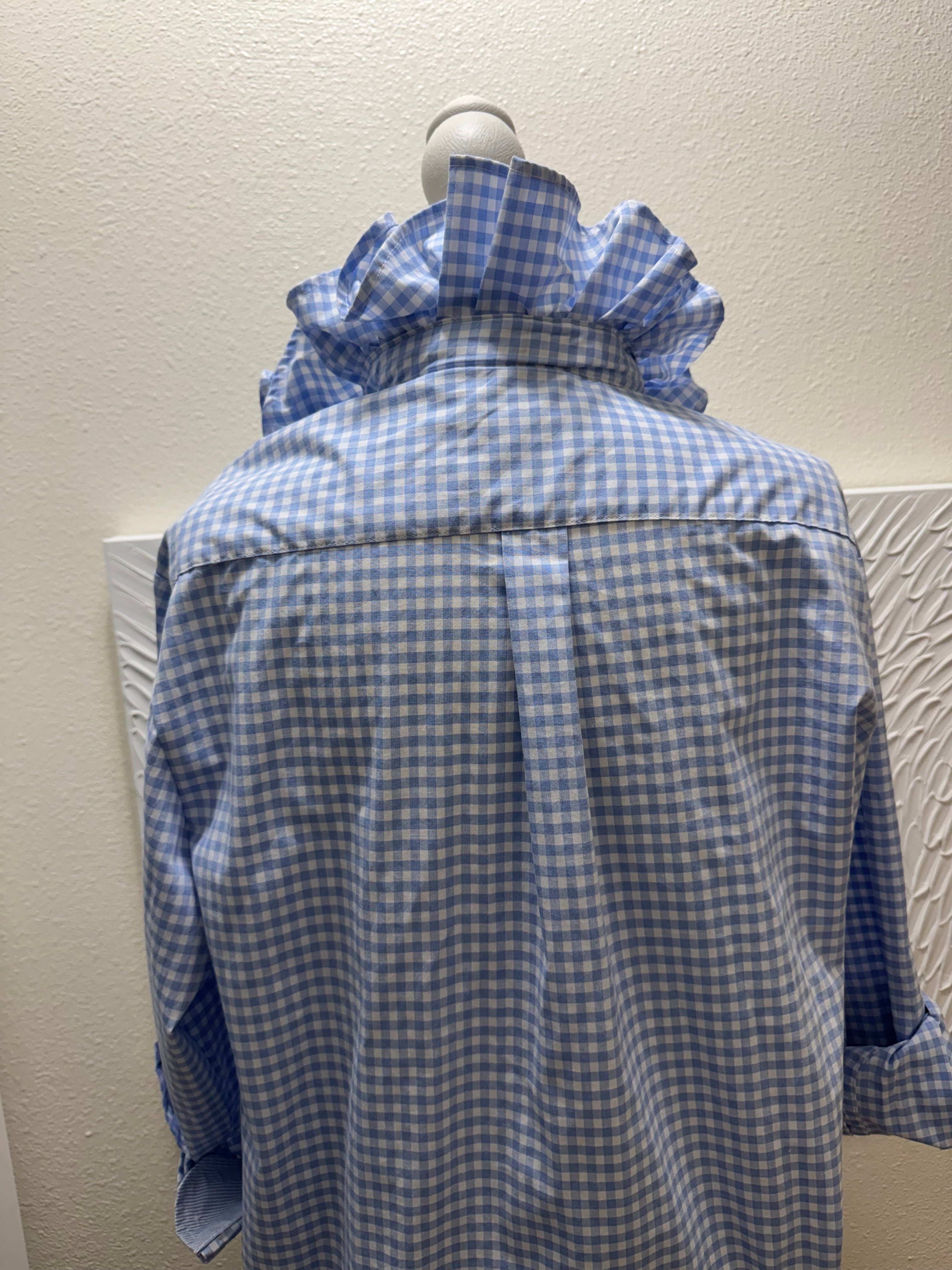 SOLD Francesca - IZOD Upcycled Mens Ruffle Collar Shirt - light blue checkered - Size Medium/Large