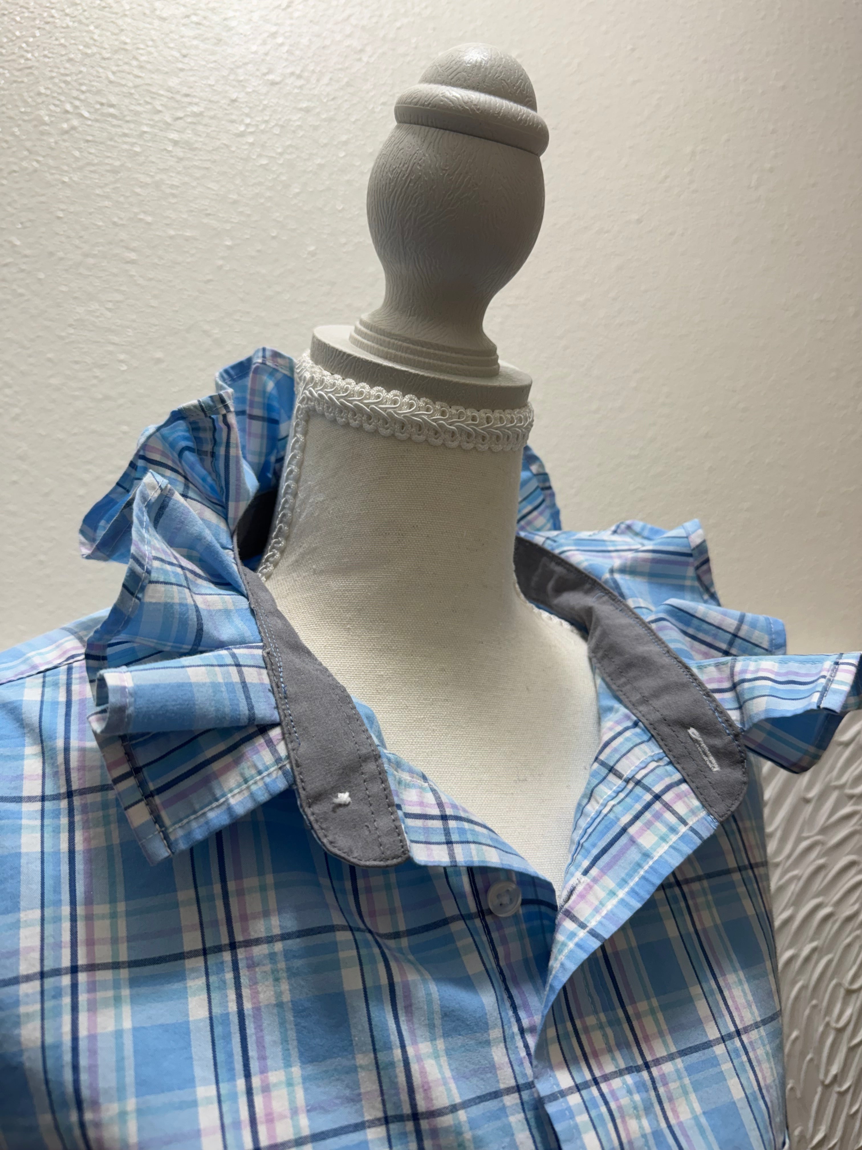 SOLD Hyacinth - Upcycled Mens Ruffle Collar Shirt - blue/pin/white plaid - size XL