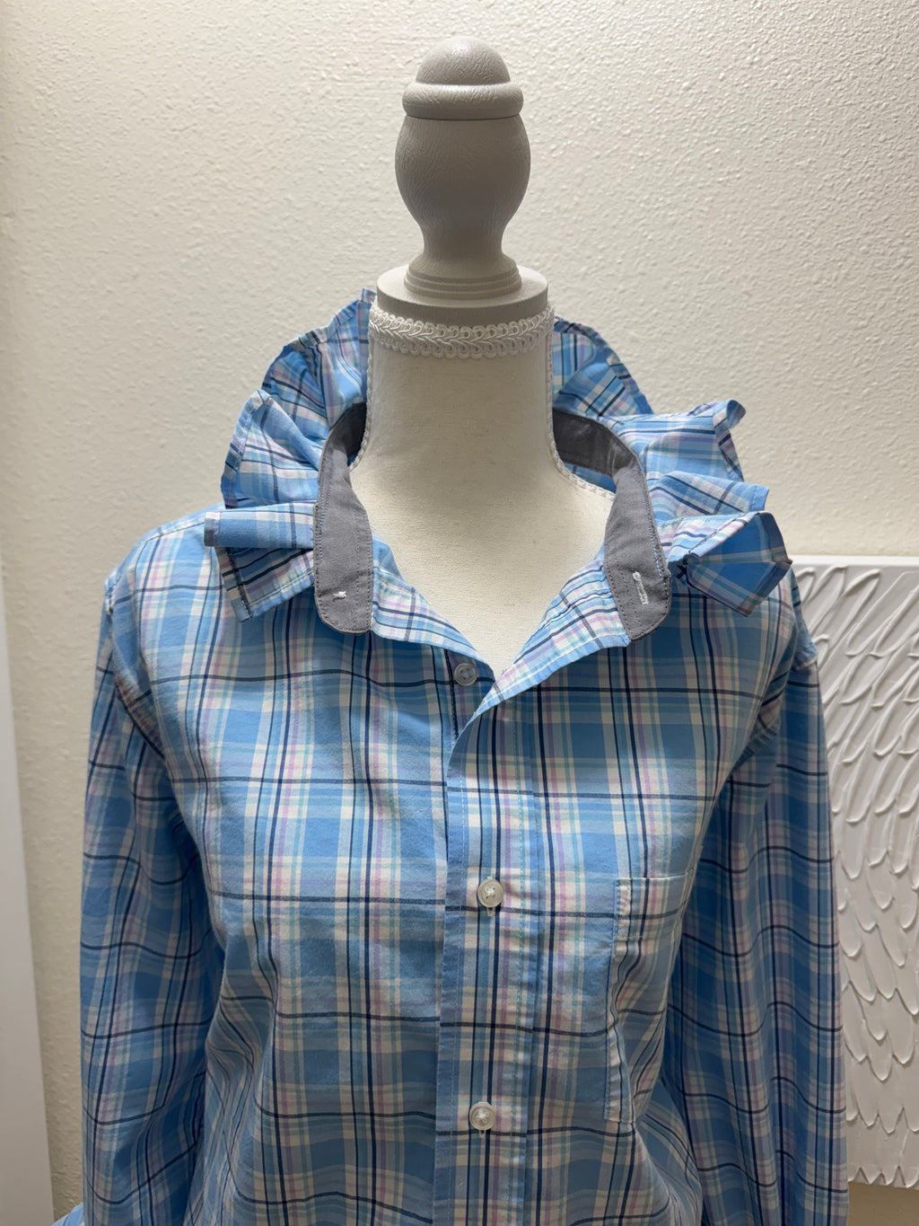 SOLD Hyacinth - Upcycled Mens Ruffle Collar Shirt - blue/pin/white plaid - size XL