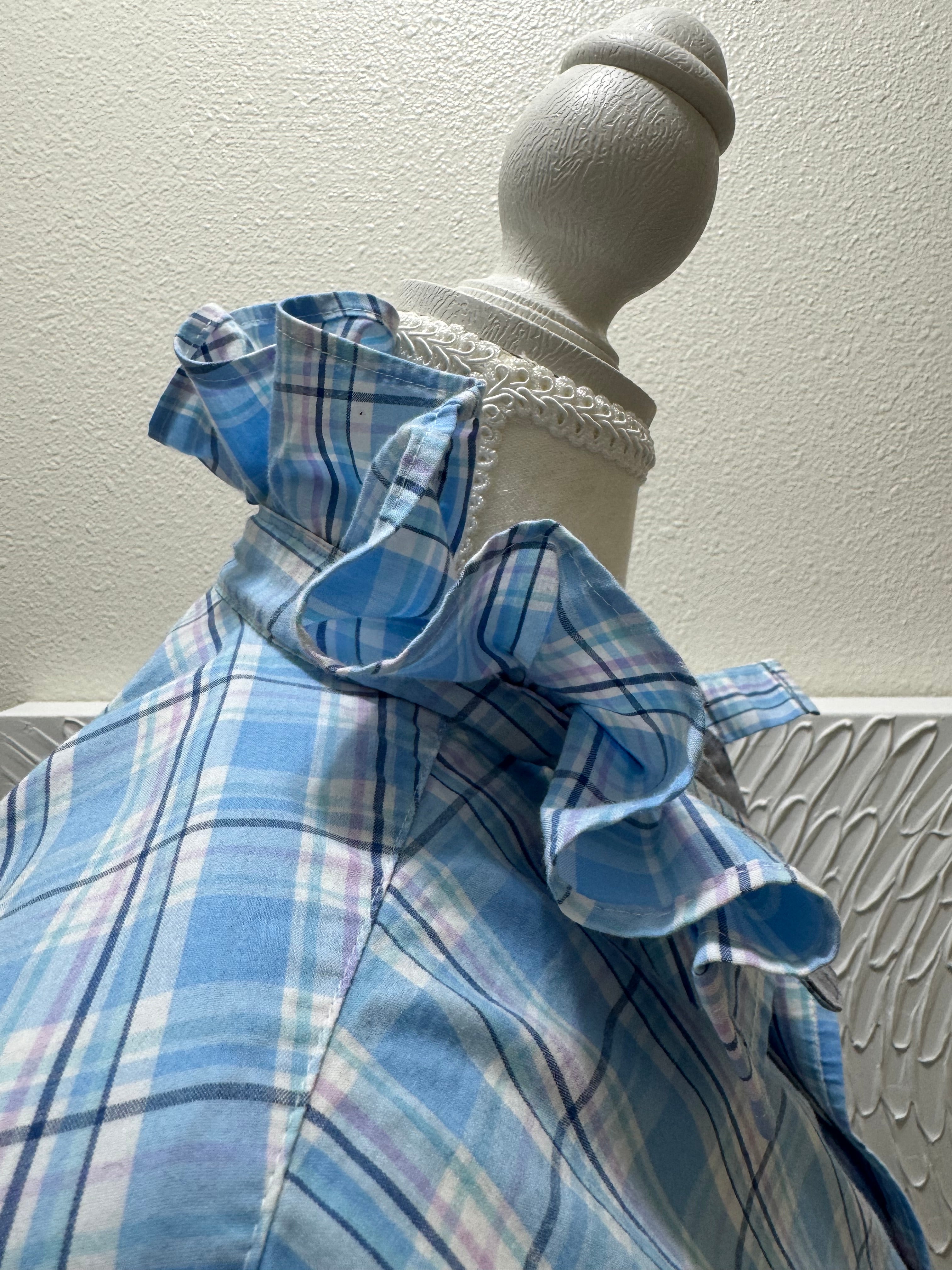 SOLD Hyacinth - Upcycled Mens Ruffle Collar Shirt - blue/pin/white plaid - size XL