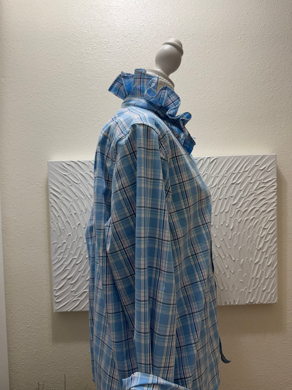 SOLD Hyacinth - Upcycled Mens Ruffle Collar Shirt - blue/pin/white plaid - size XL
