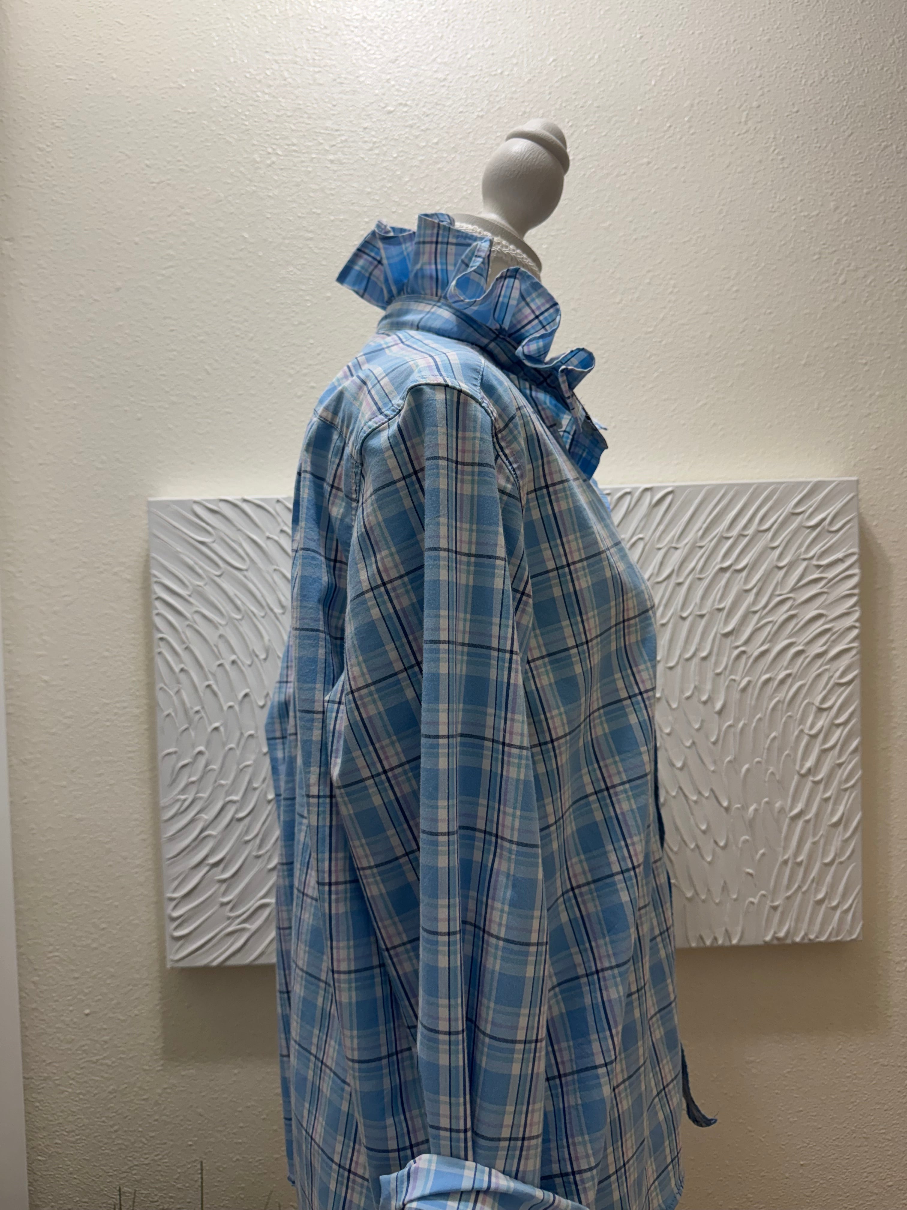 SOLD Hyacinth - Upcycled Mens Ruffle Collar Shirt - blue/pin/white plaid - size XL