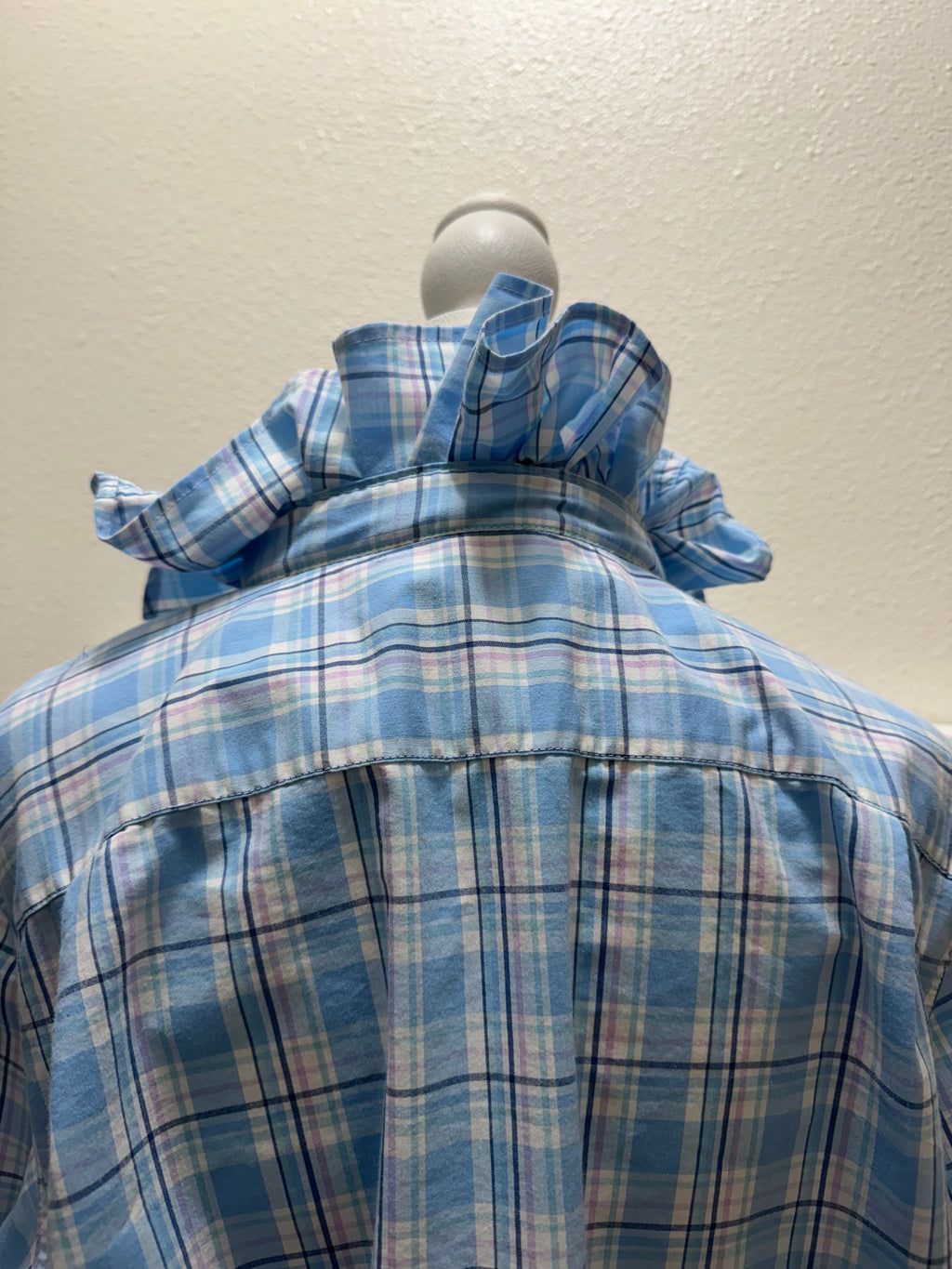 SOLD Hyacinth - Upcycled Mens Ruffle Collar Shirt - blue/pin/white plaid - size XL