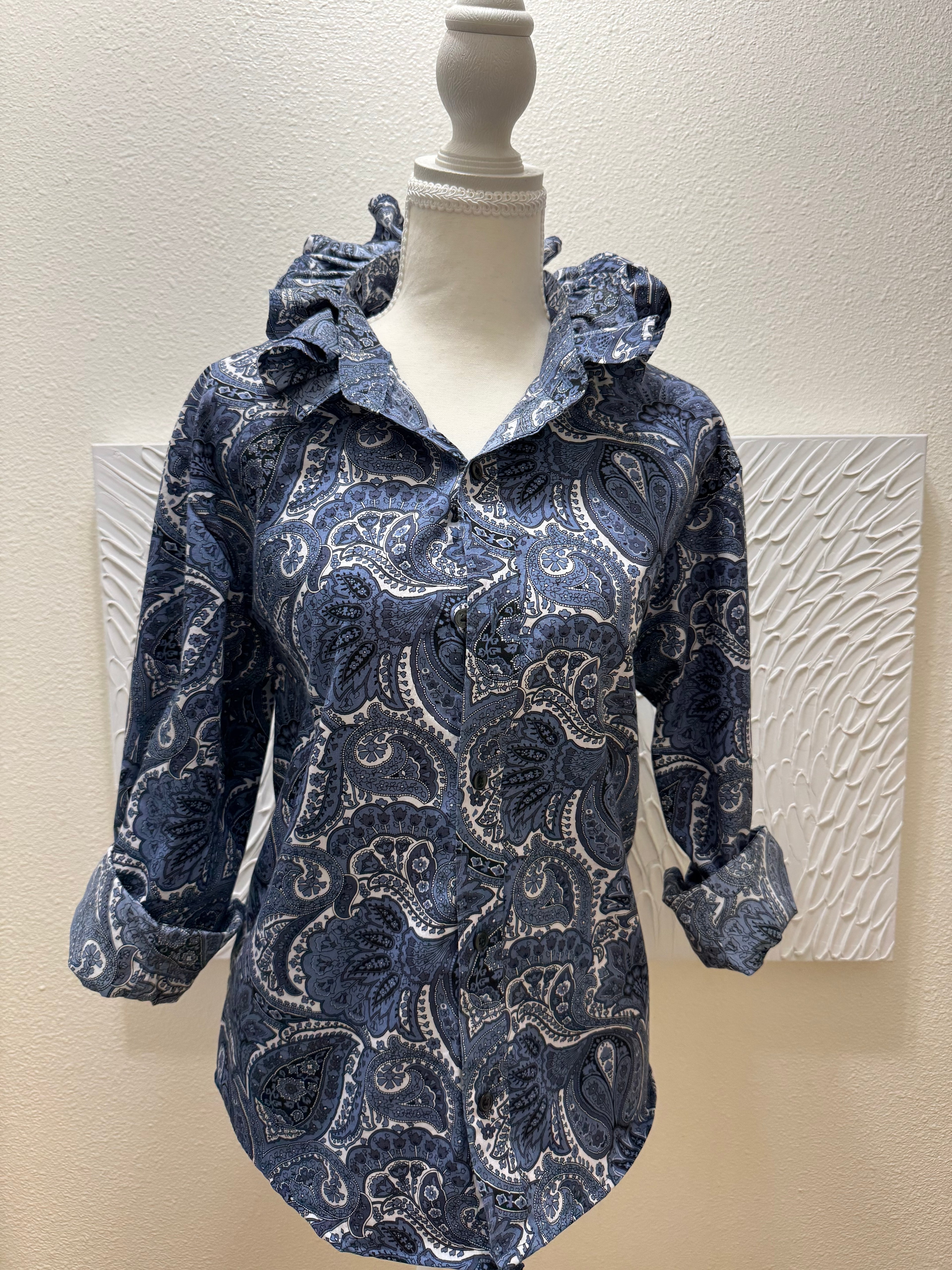 Sold Paisley - Michael Kors Upcycled Mens Ruffle Collar Shirt - Navy Paisley - Size Small/Medium