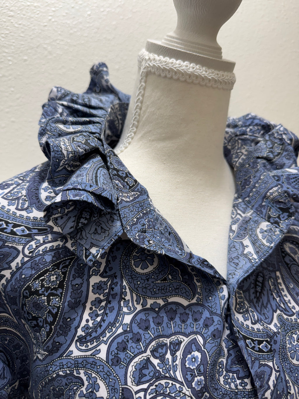 Sold Paisley - Michael Kors Upcycled Mens Ruffle Collar Shirt - Navy Paisley - Size Small/Medium
