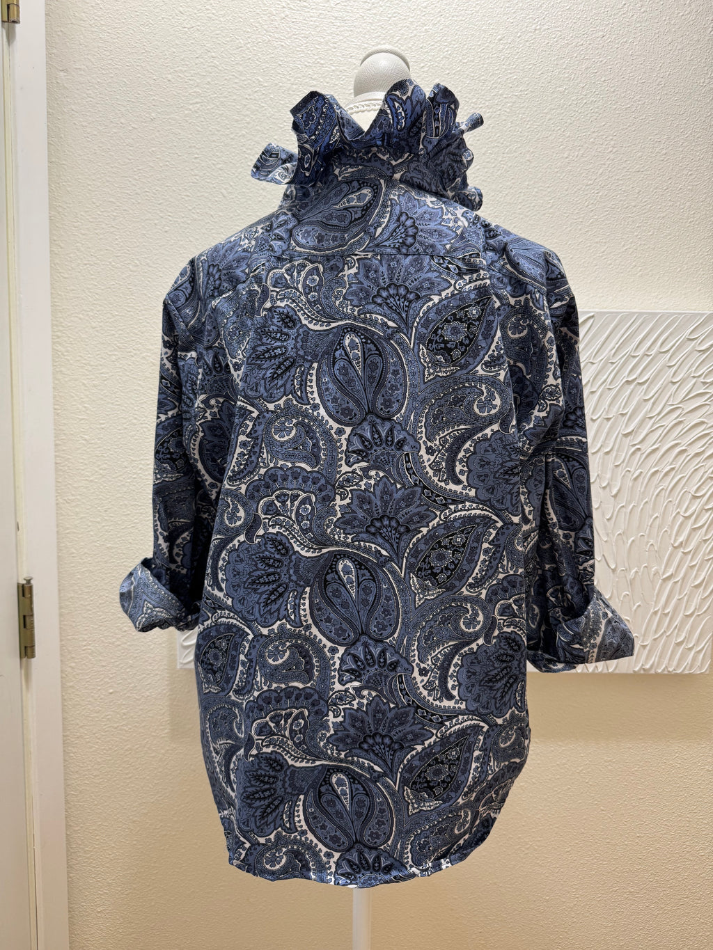 Sold Paisley - Michael Kors Upcycled Mens Ruffle Collar Shirt - Navy Paisley - Size Small/Medium