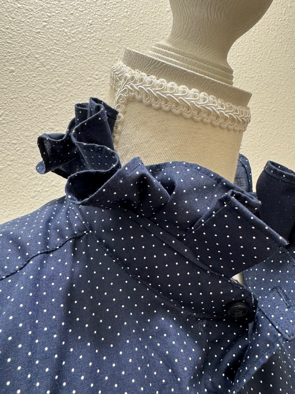 SOLD Sapphire - H&M Upcycled Mens Ruffle Collar Shirt - navy blue with white polka dots - Size Medium/Large