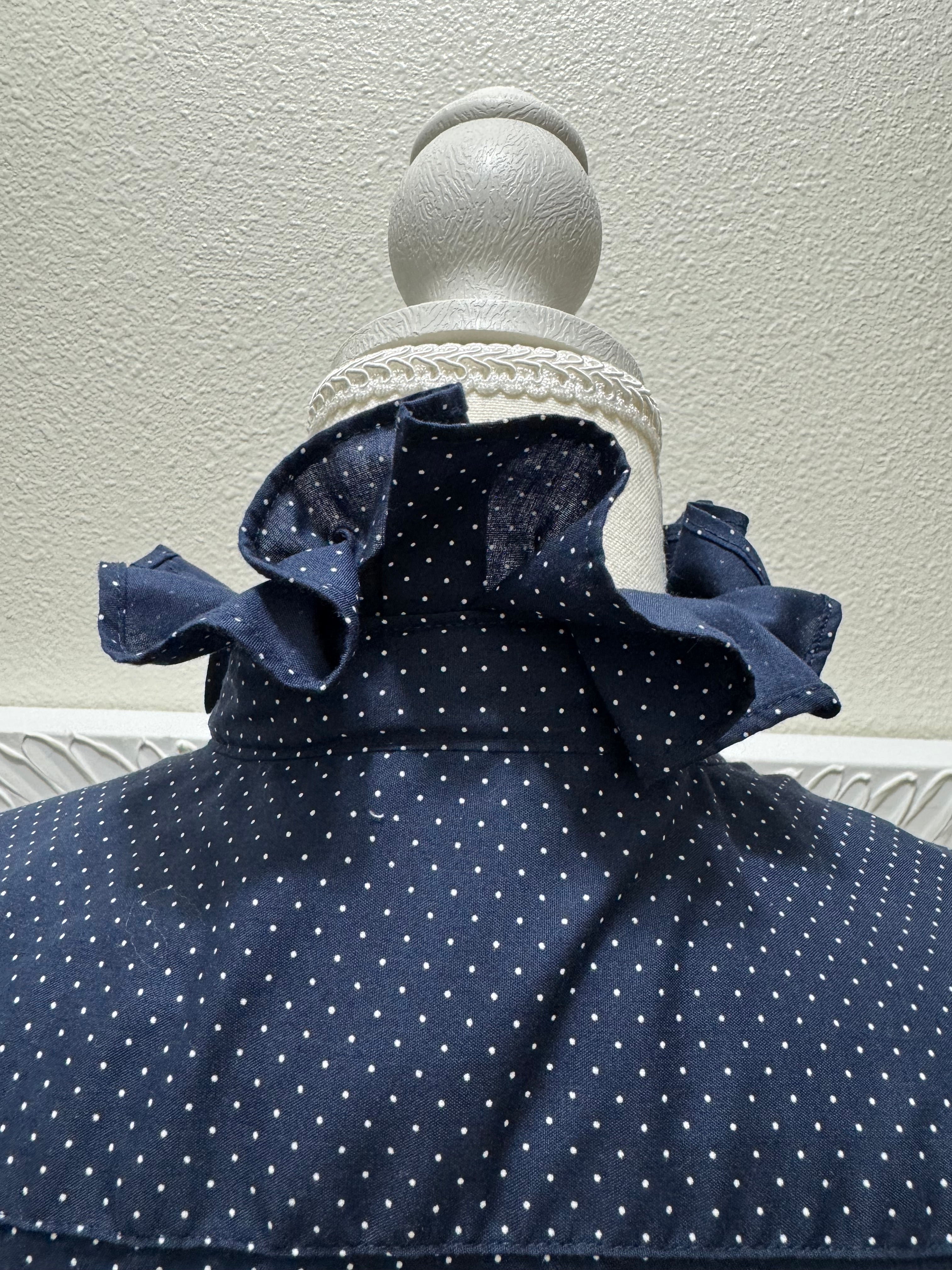 SOLD Sapphire - H&M Upcycled Mens Ruffle Collar Shirt - navy blue with white polka dots - Size Medium/Large