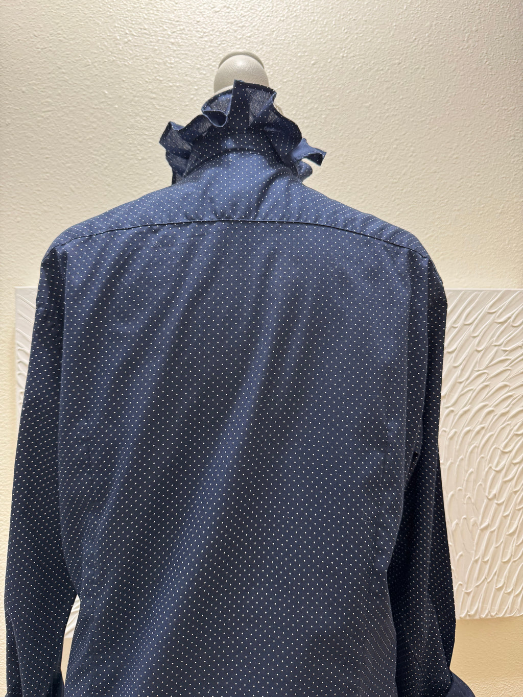 SOLD Sapphire - H&M Upcycled Mens Ruffle Collar Shirt - navy blue with white polka dots - Size Medium/Large