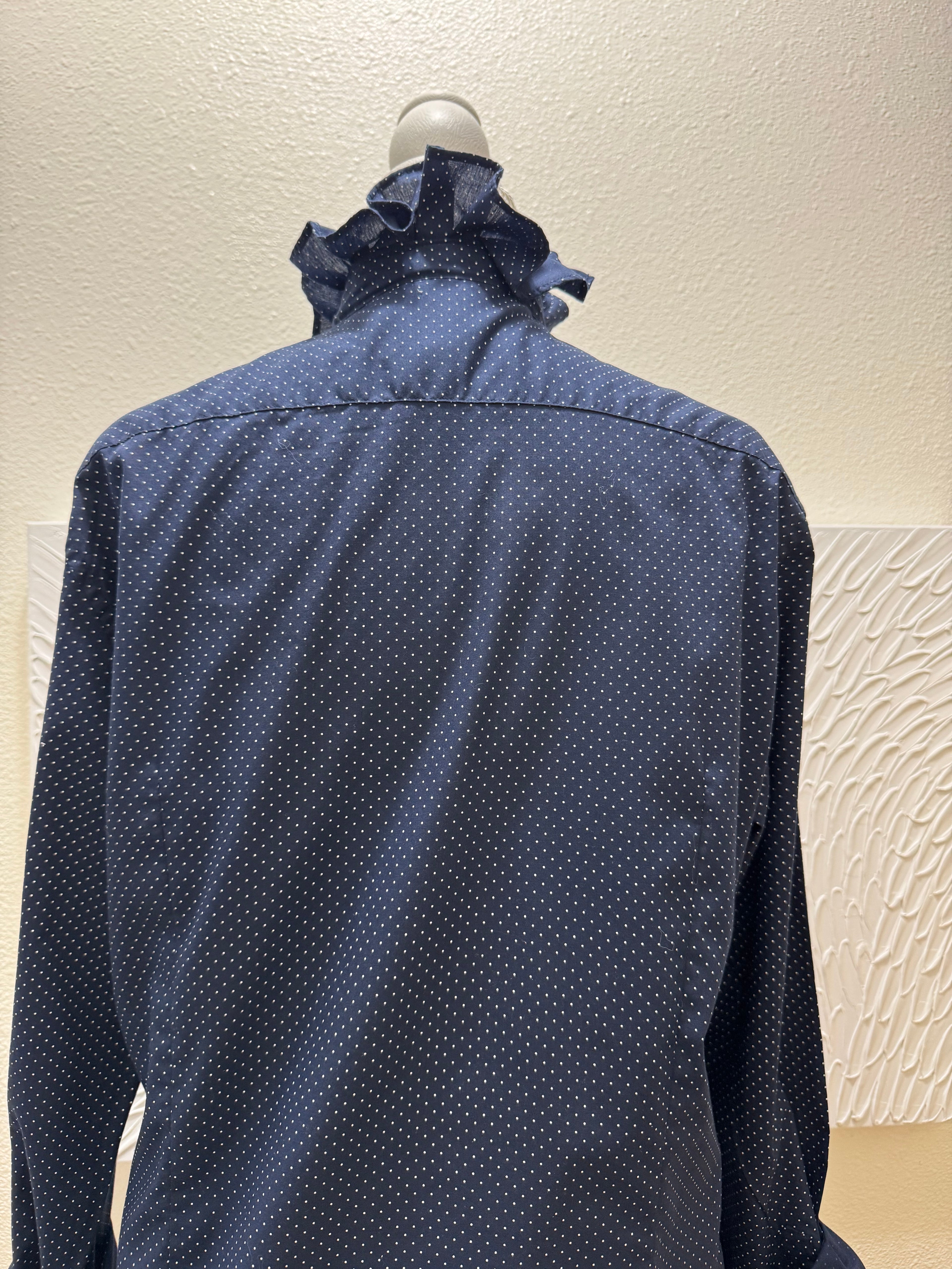 SOLD Sapphire - H&M Upcycled Mens Ruffle Collar Shirt - navy blue with white polka dots - Size Medium/Large