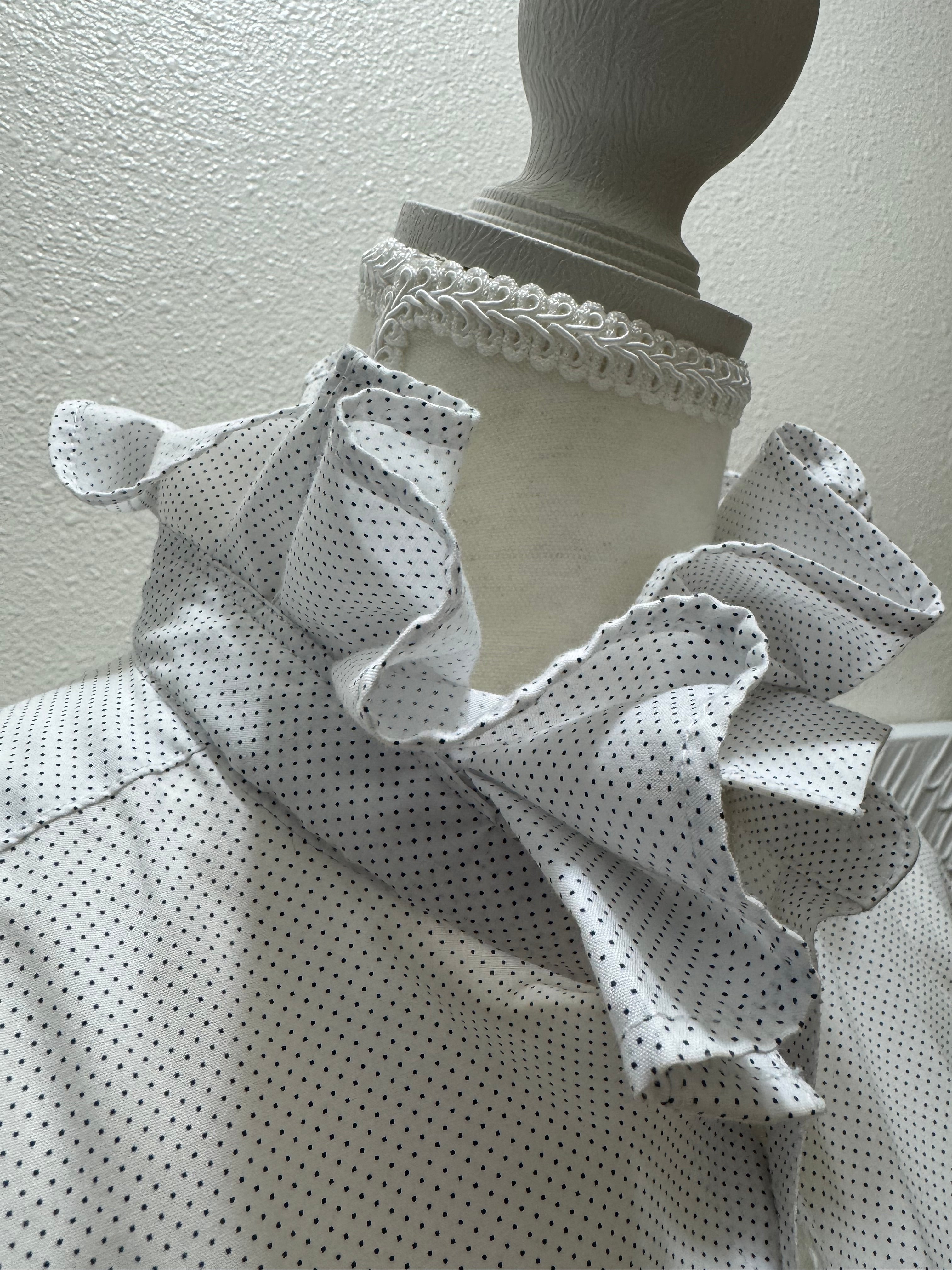 SOLD Marina - H&M Upcycled Mens Ruffle Collar Shirt - white with navy polka dots - Size Large/XL