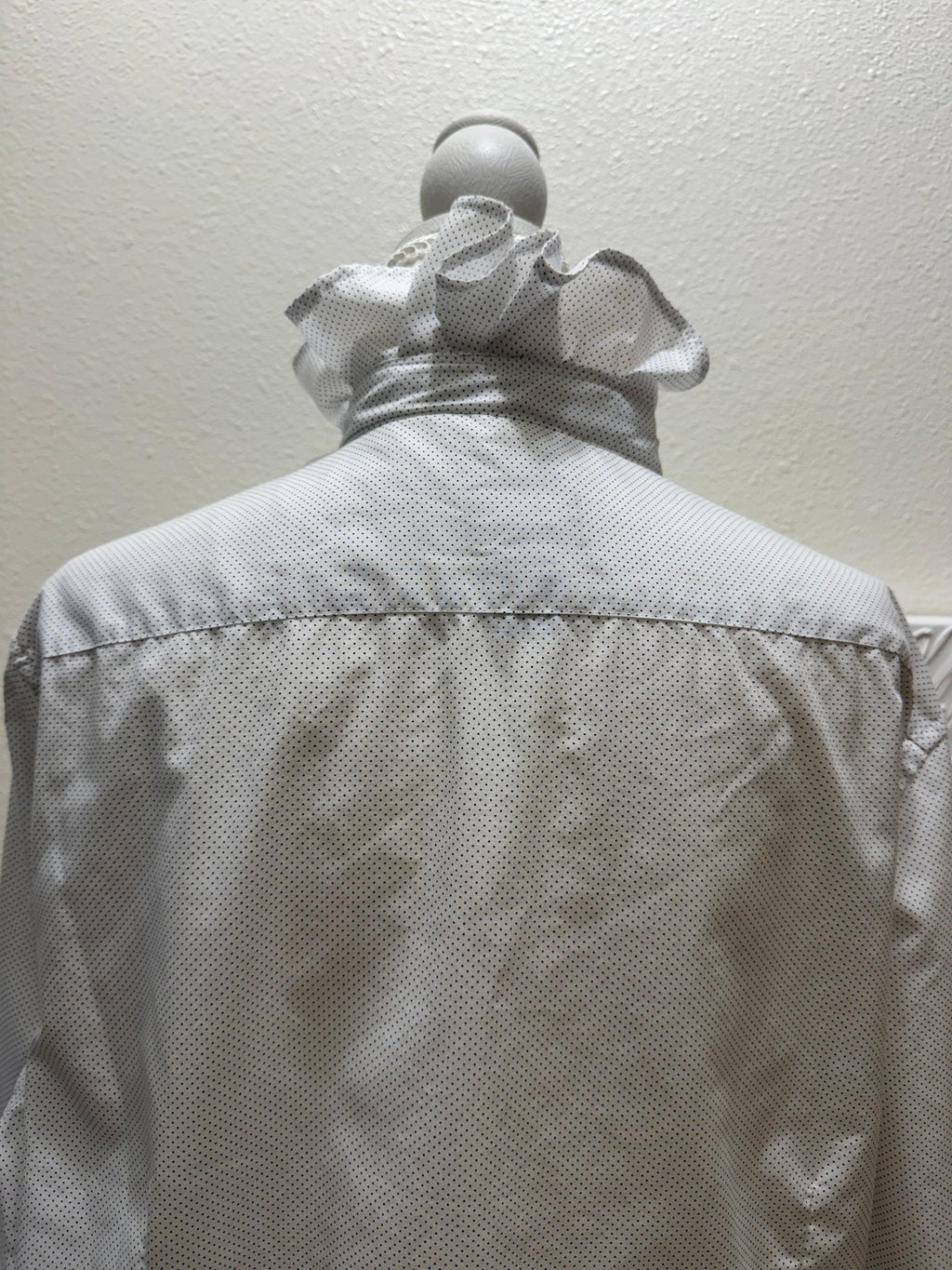SOLD Marina - H&M Upcycled Mens Ruffle Collar Shirt - white with navy polka dots - Size Large/XL