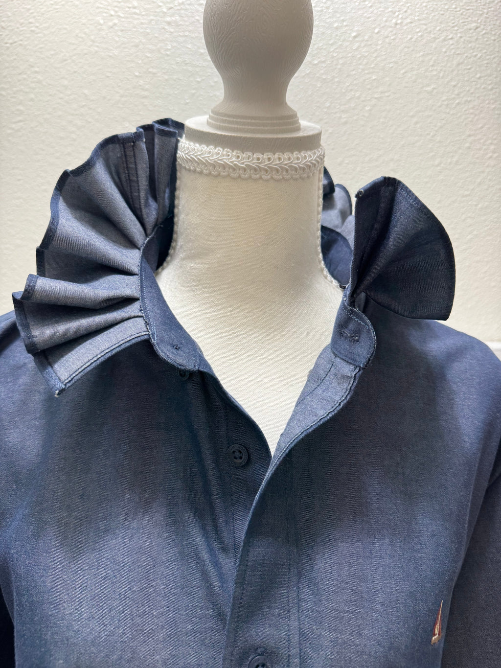 Indigo - Nordstrom Upcycled Mens Ruffle Collar Shirt - Denim Chambray- Size Small/Medium