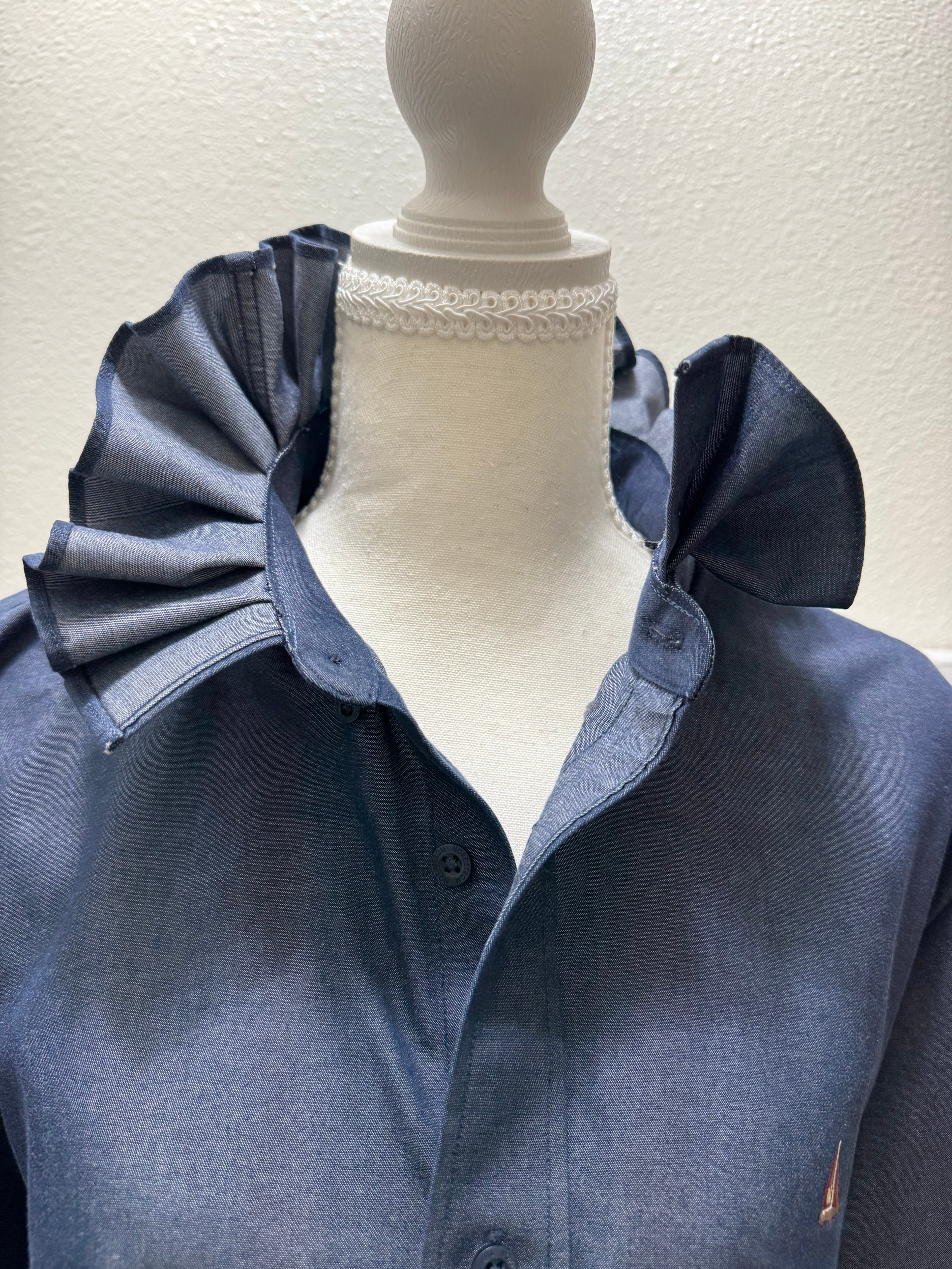 Indigo - Nordstrom Upcycled Mens Ruffle Collar Shirt - Denim Chambray- Size Small/Medium
