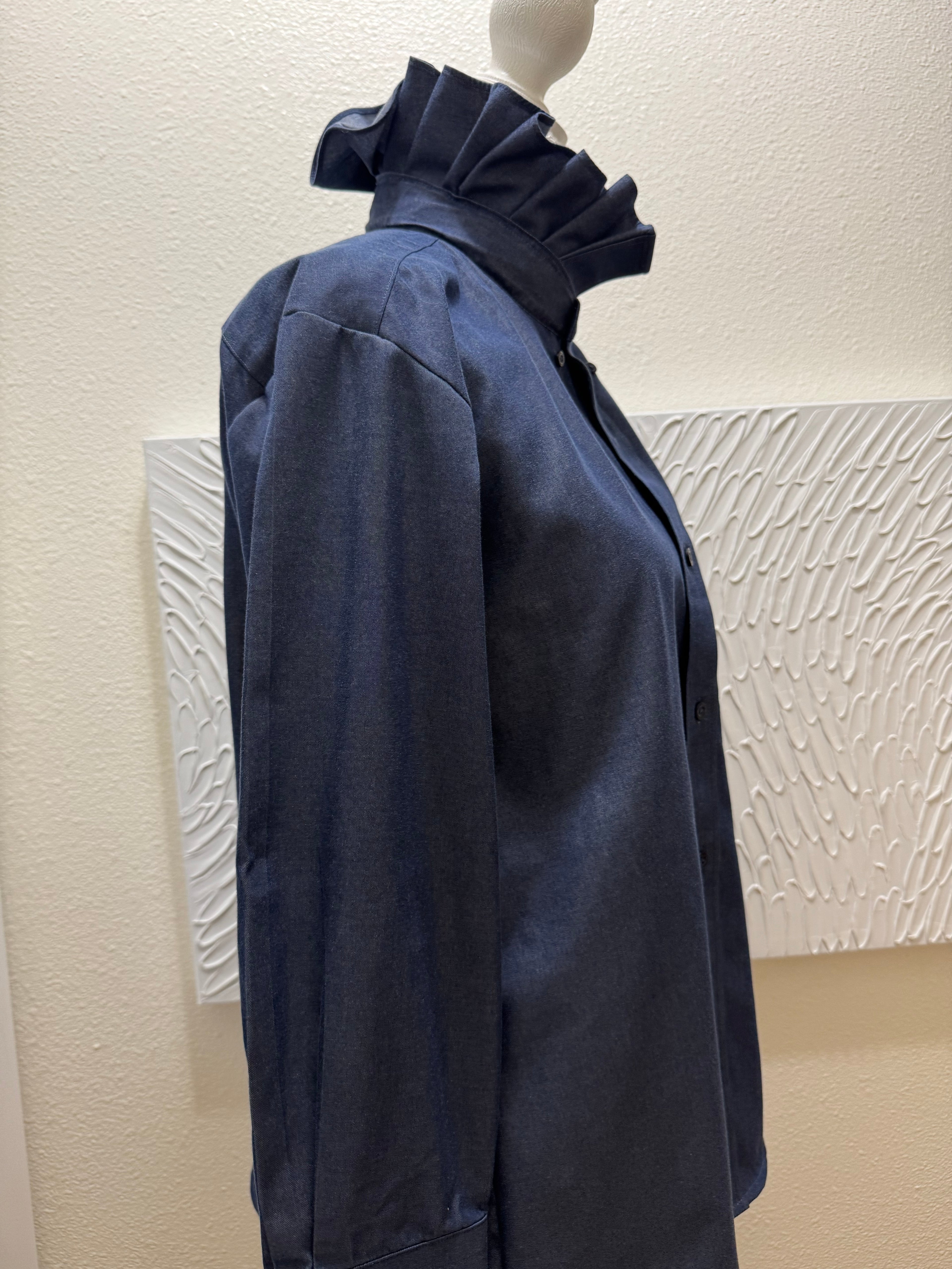 Indigo - Nordstrom Upcycled Mens Ruffle Collar Shirt - Denim Chambray- Size Small/Medium