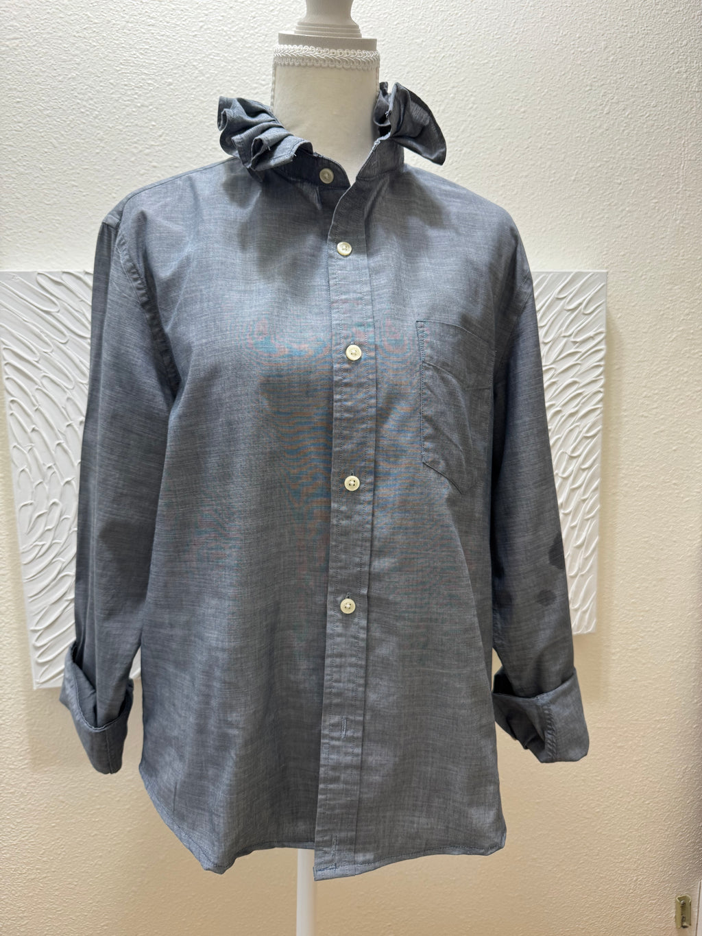 SOLD Skye -Banana Republic Upcycled Mens Ruffle Collar Shirt - Denim chambray - Size Medium/Large