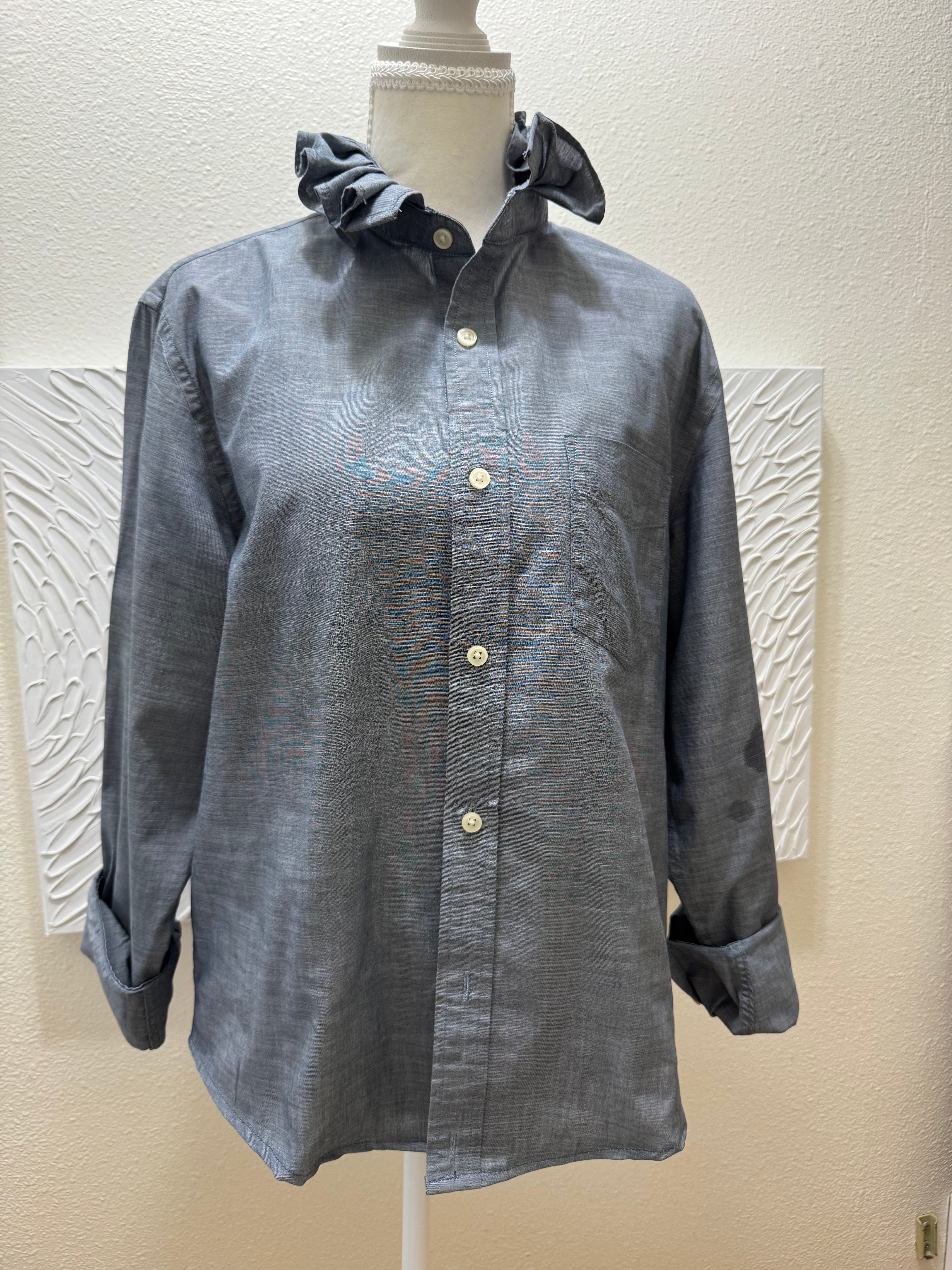 SOLD Skye -Banana Republic Upcycled Mens Ruffle Collar Shirt - Denim chambray - Size Medium/Large
