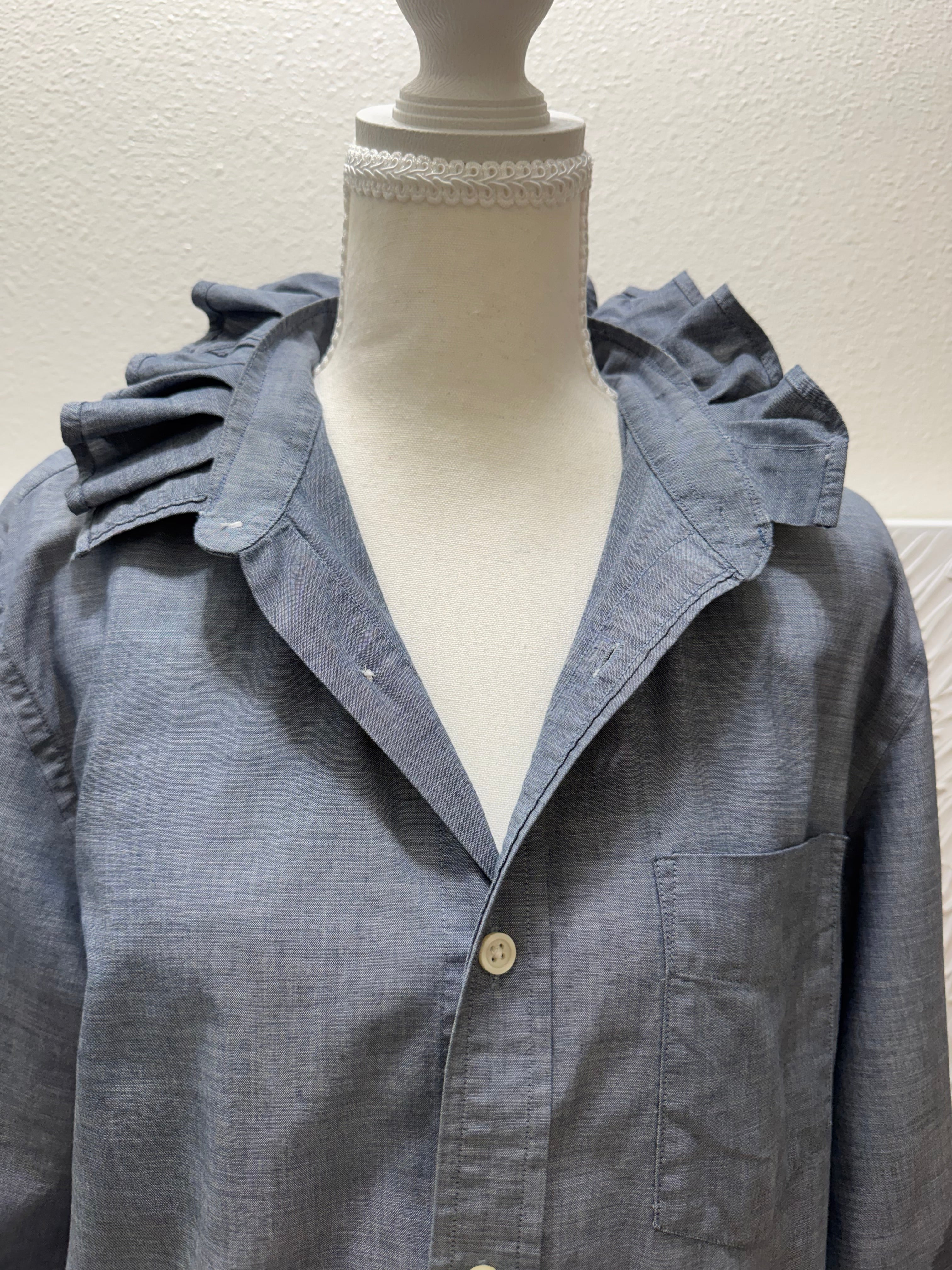SOLD Skye -Banana Republic Upcycled Mens Ruffle Collar Shirt - Denim chambray - Size Medium/Large