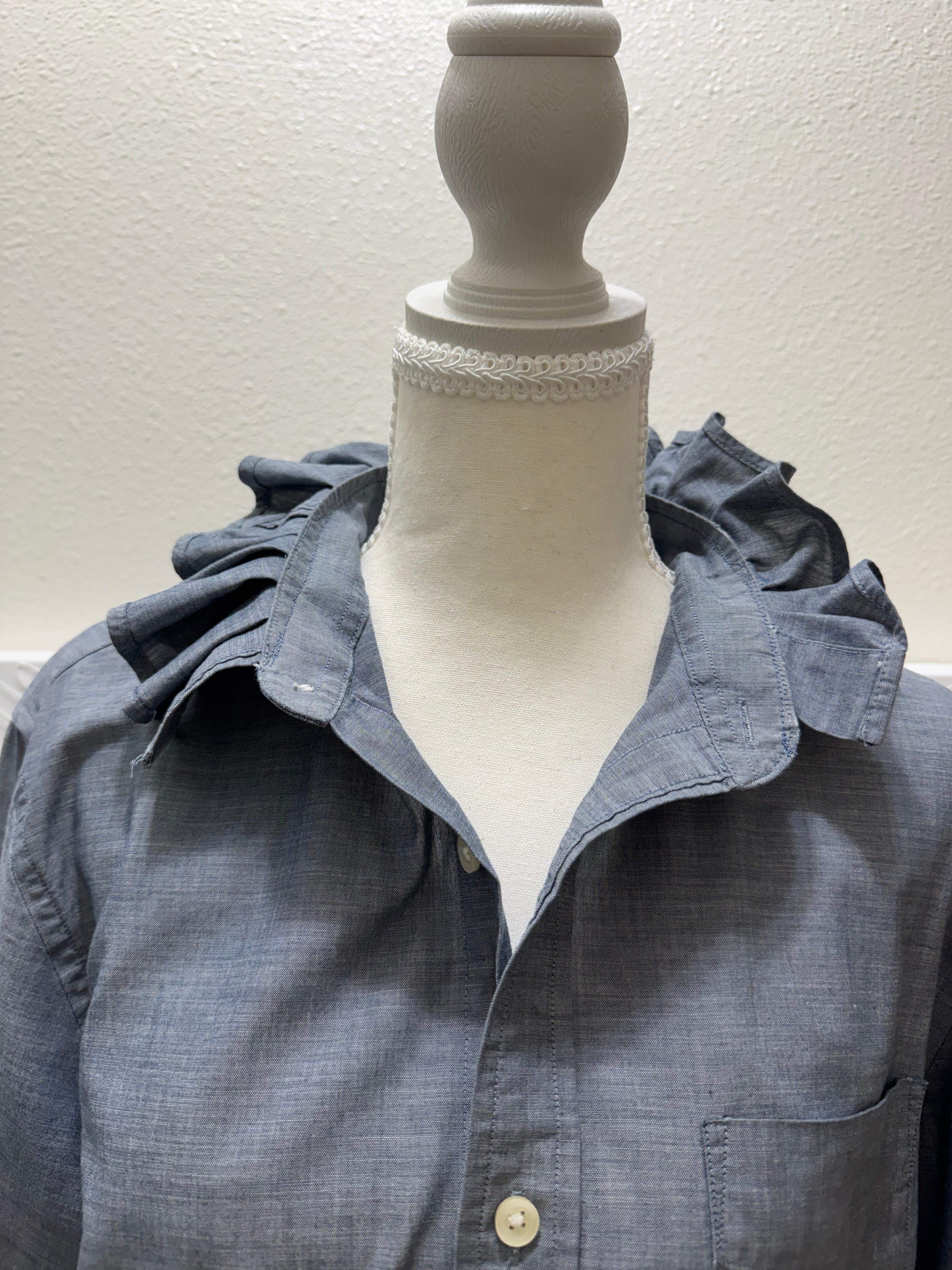 SOLD Skye -Banana Republic Upcycled Mens Ruffle Collar Shirt - Denim chambray - Size Medium/Large