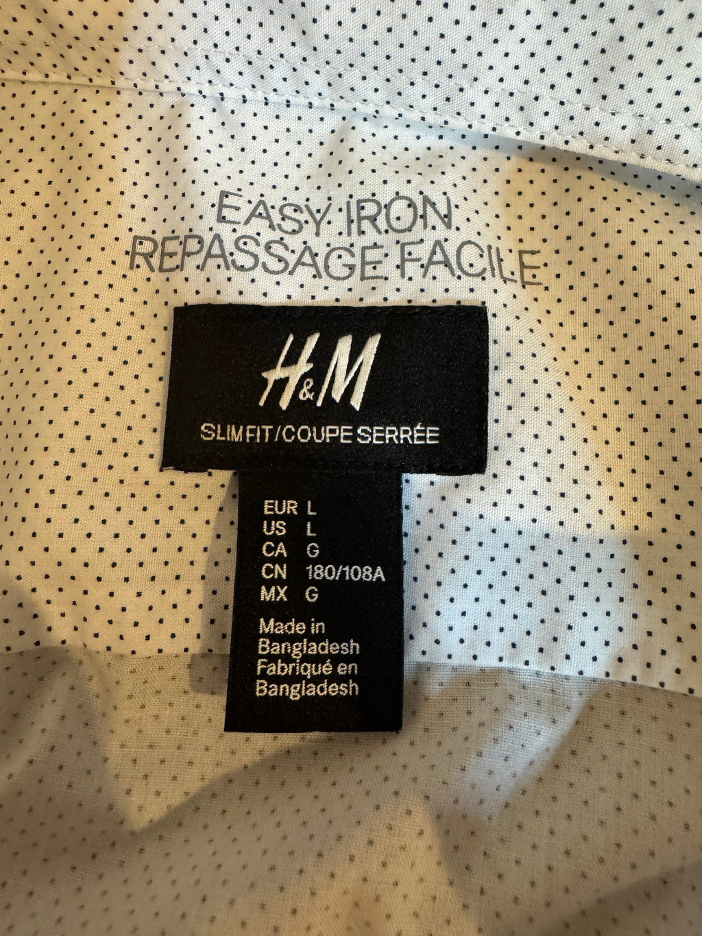 SOLD Marina - H&M Upcycled Mens Ruffle Collar Shirt - white with navy polka dots - Size Large/XL