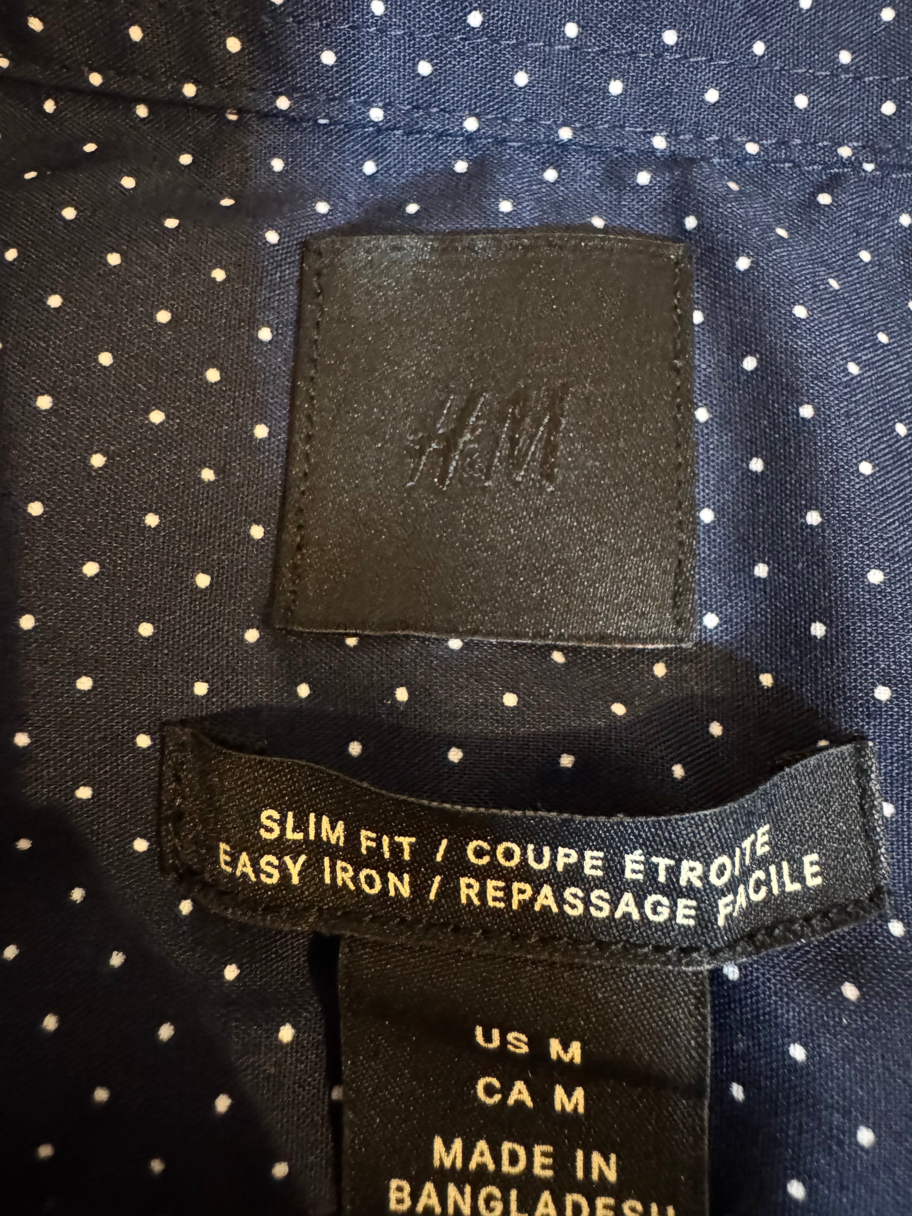 SOLD Sapphire - H&M Upcycled Mens Ruffle Collar Shirt - navy blue with white polka dots - Size Medium/Large