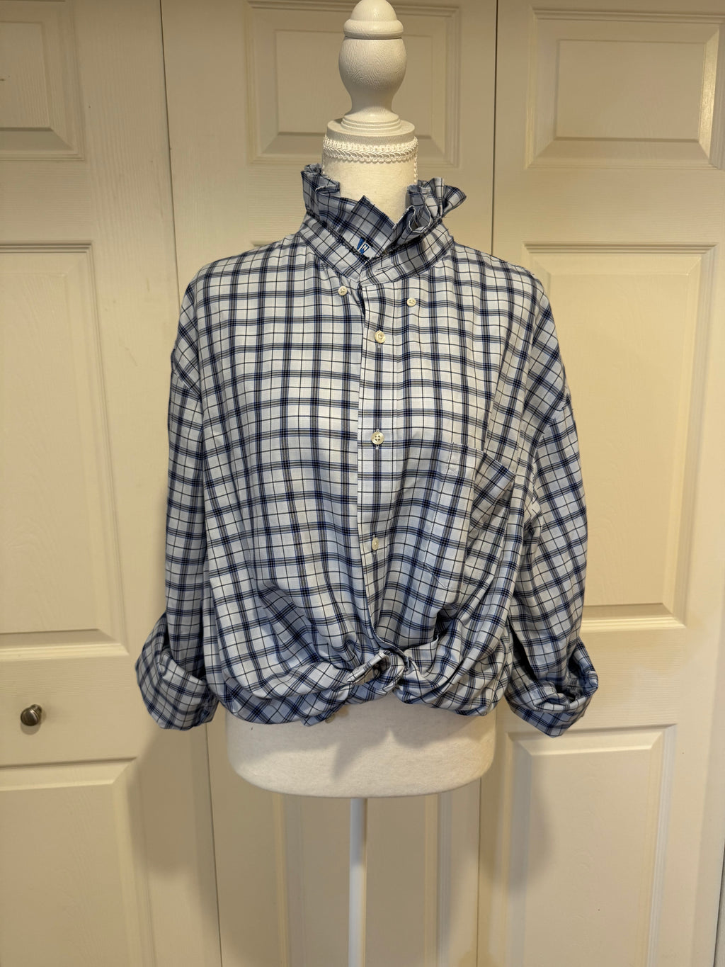 Normandy - Nordstrom Upcycled Mens Ruffle Collar Shirt - light blue/black plaid - Size XXL