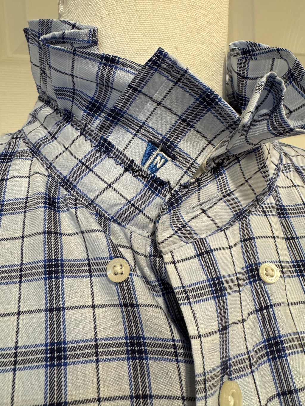 Normandy - Nordstrom Upcycled Mens Ruffle Collar Shirt - light blue/black plaid - Size XXL