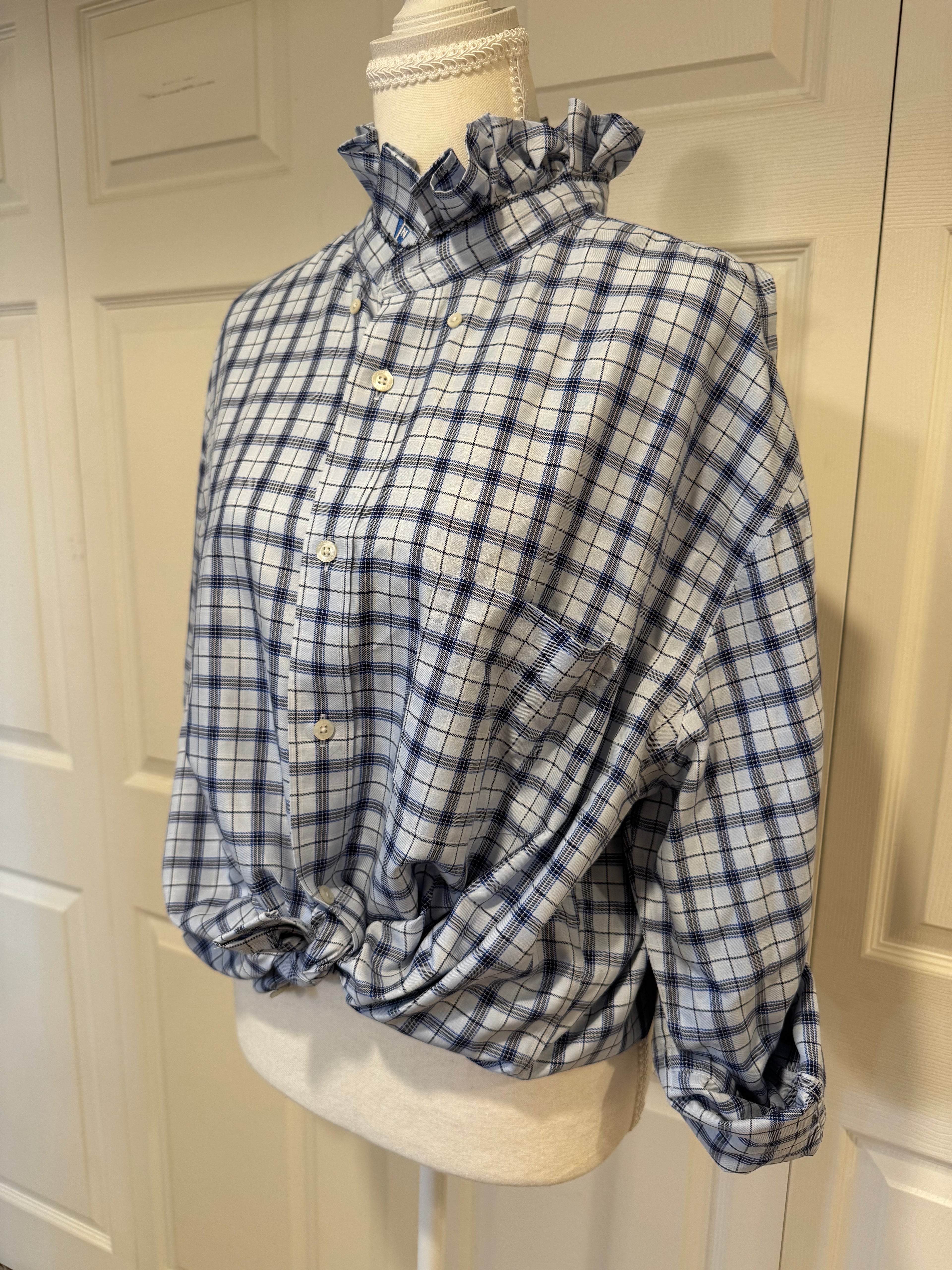 Normandy - Nordstrom Upcycled Mens Ruffle Collar Shirt - light blue/black plaid - Size XXL