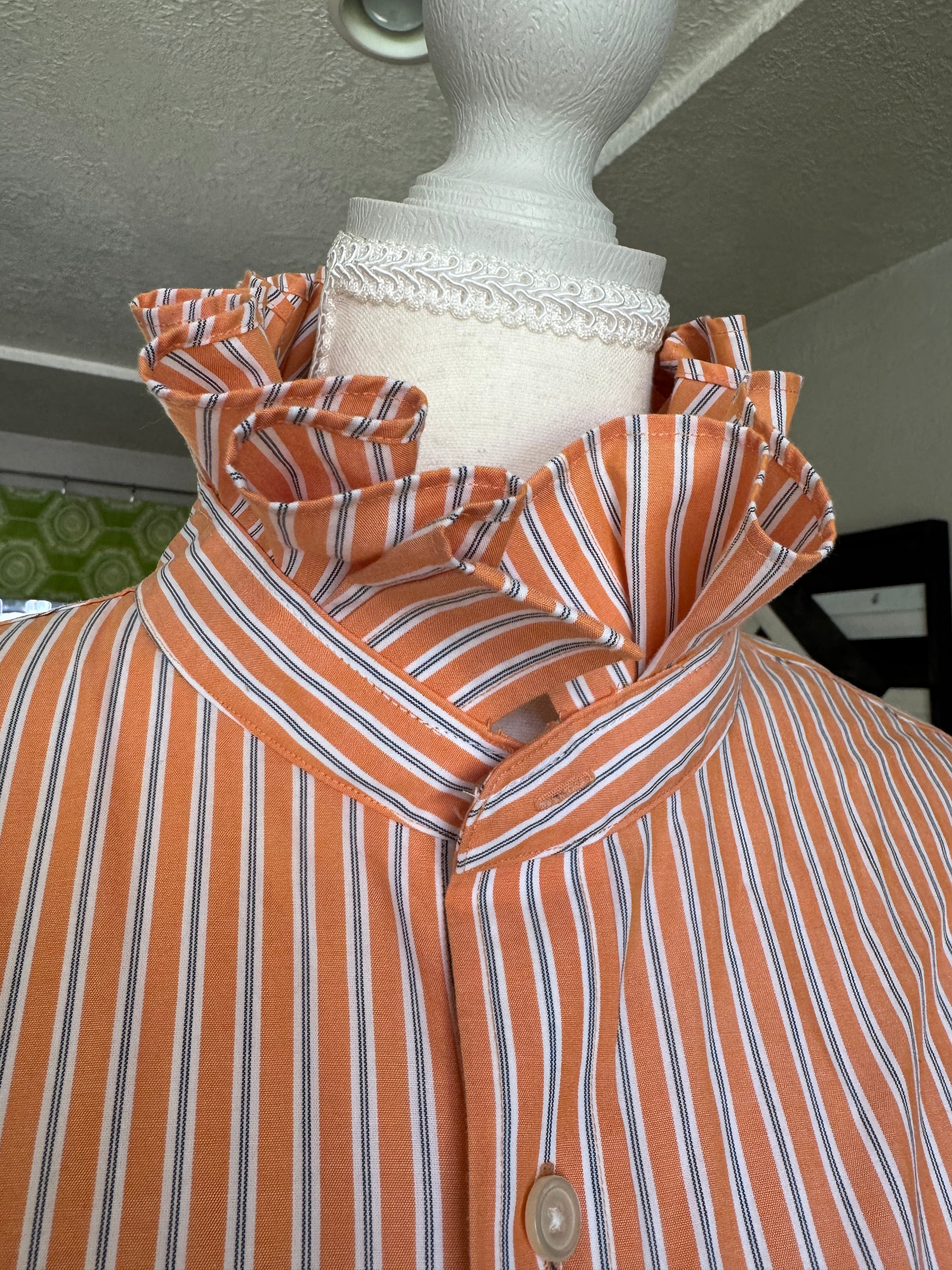SOLD Sam - Banana Republic Upcycled Mens Ruffle Collar Shirt - Orange Stripe - Size Medium/Large
