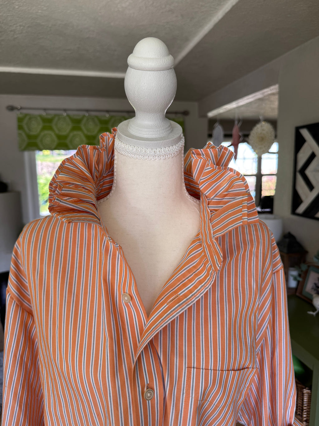 SOLD Sam - Banana Republic Upcycled Mens Ruffle Collar Shirt - Orange Stripe - Size Medium/Large