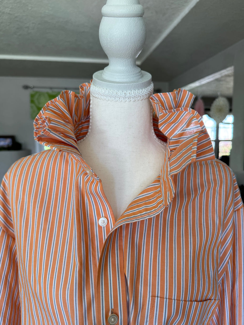 SOLD Sam - Banana Republic Upcycled Mens Ruffle Collar Shirt - Orange Stripe - Size Medium/Large