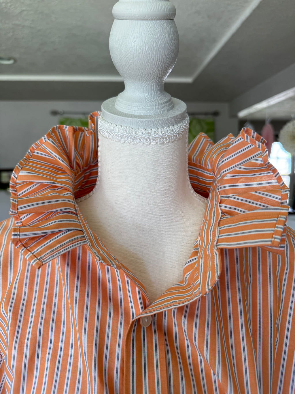 SOLD Sam - Banana Republic Upcycled Mens Ruffle Collar Shirt - Orange Stripe - Size Medium/Large