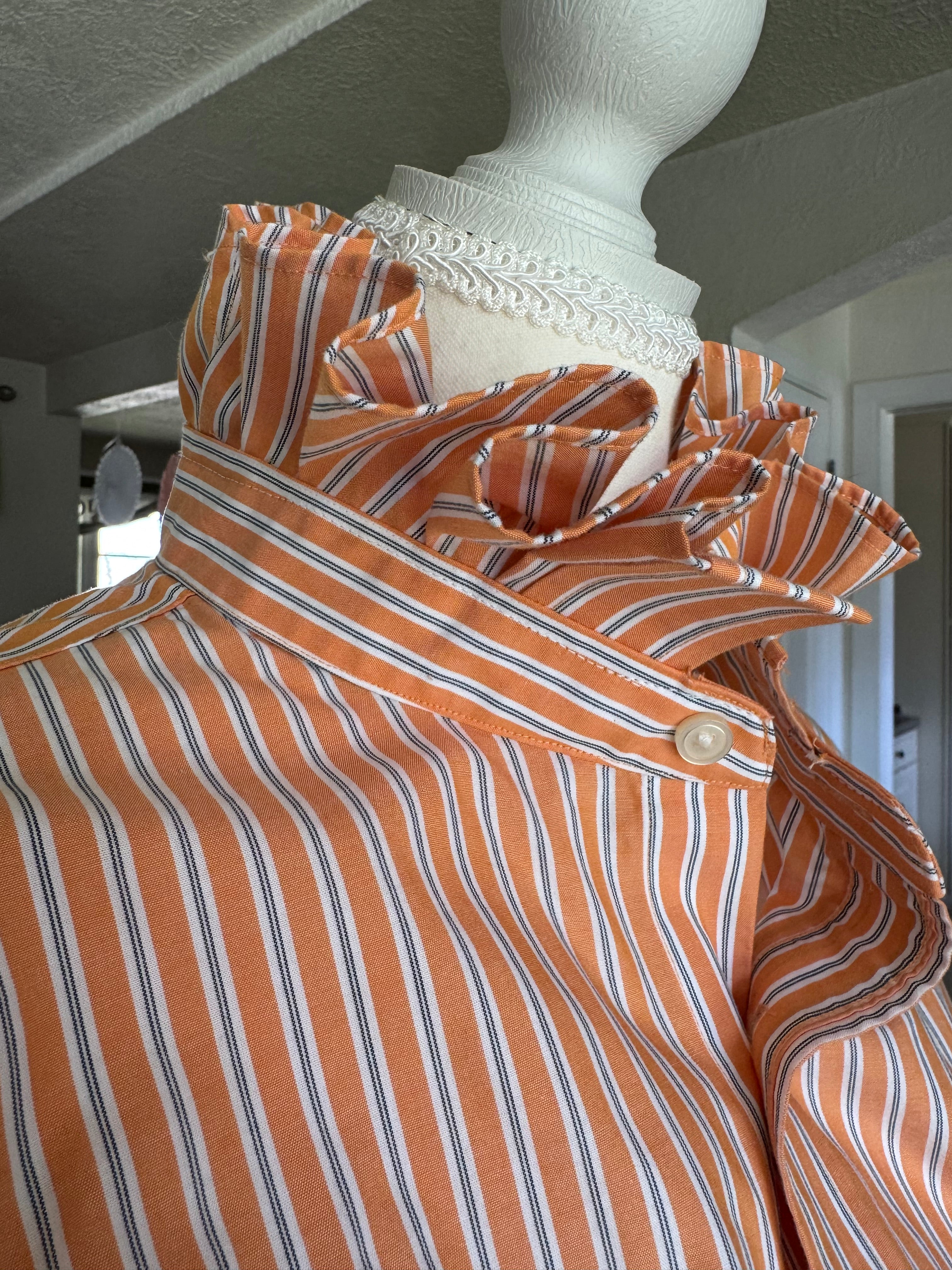 SOLD Sam - Banana Republic Upcycled Mens Ruffle Collar Shirt - Orange Stripe - Size Medium/Large
