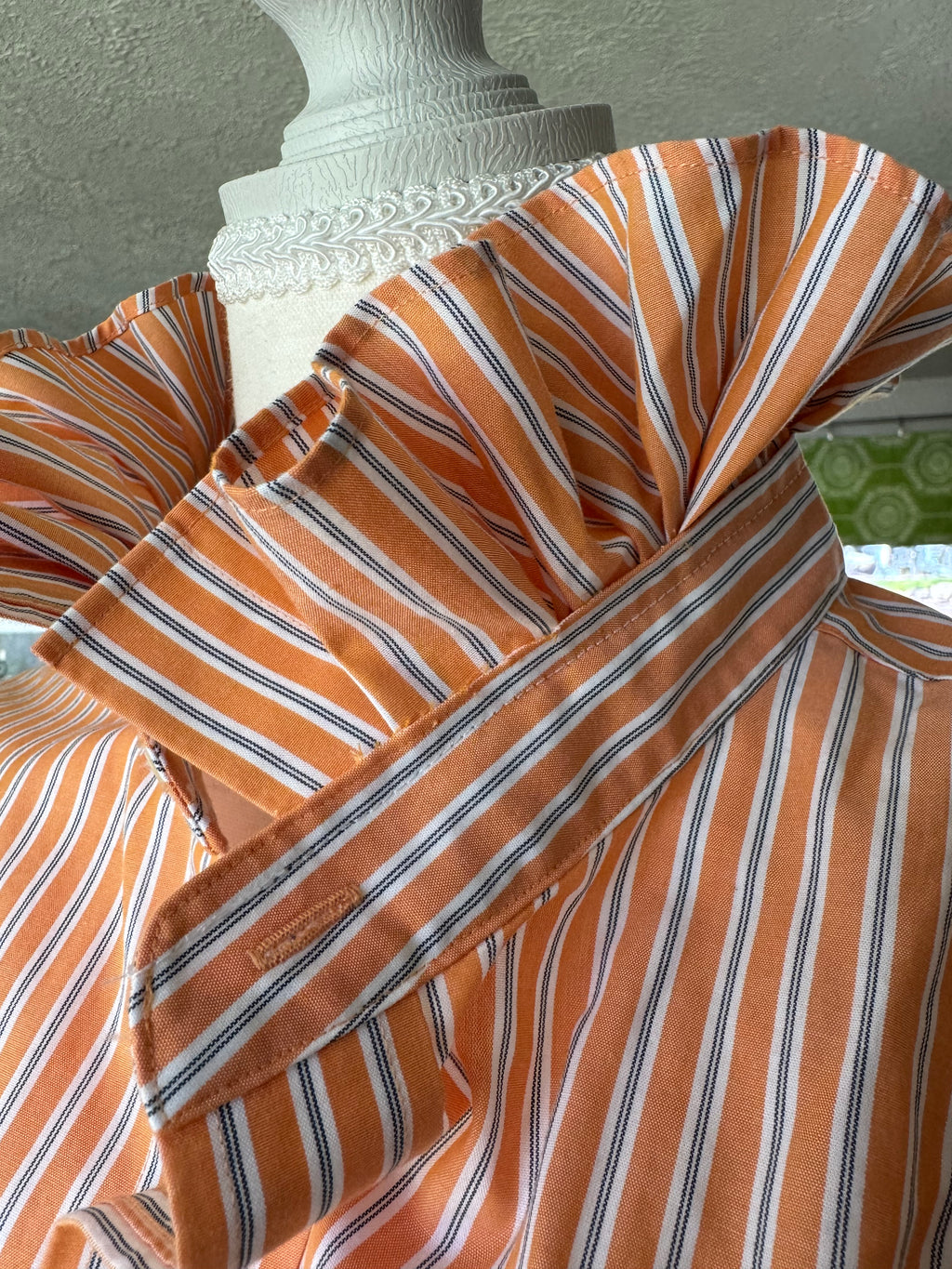 SOLD Sam - Banana Republic Upcycled Mens Ruffle Collar Shirt - Orange Stripe - Size Medium/Large