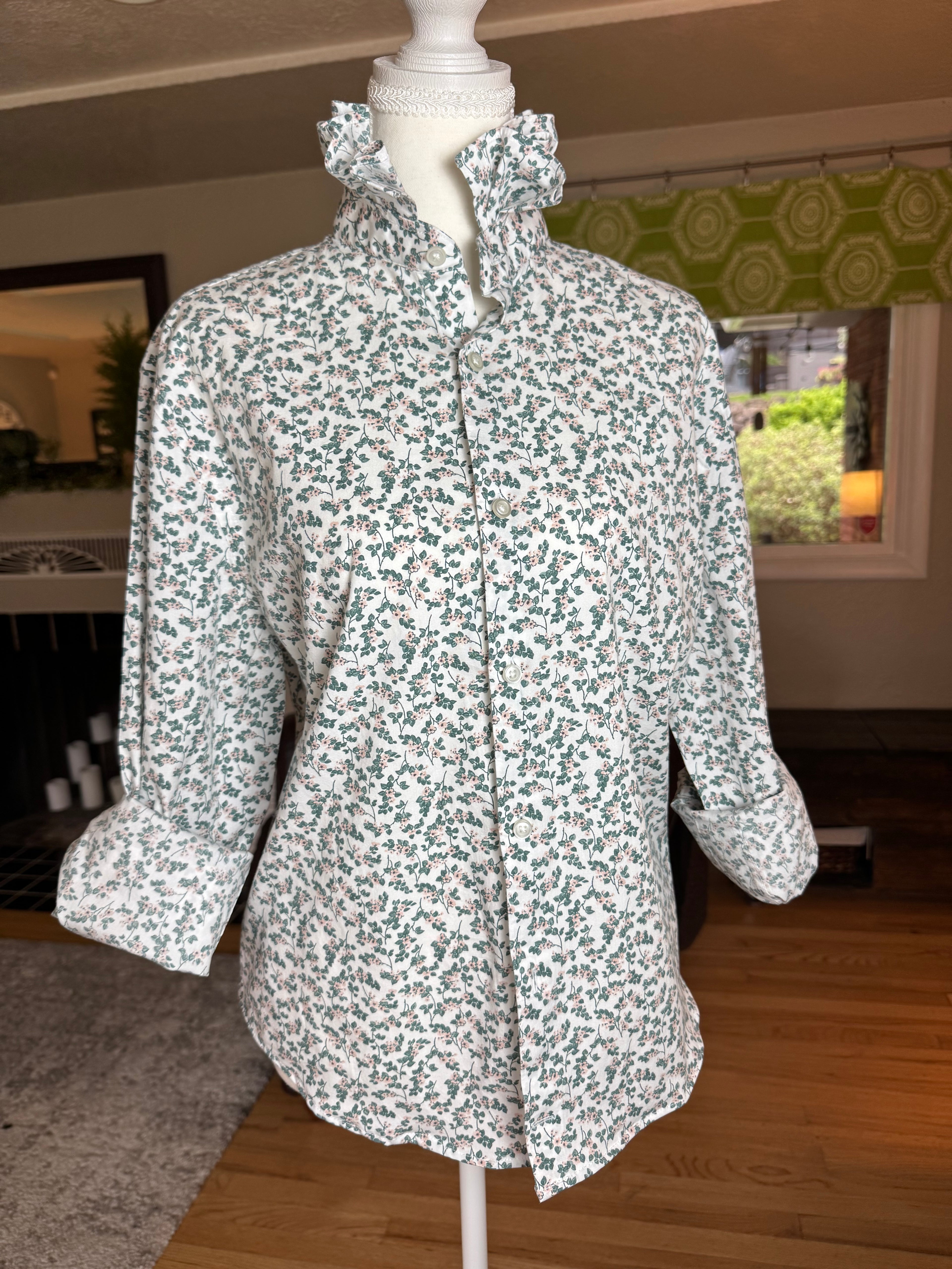 SOLD Rose - NYNE Upcycled Mens Ruffle Collar Shirt - green plaid - Size Medium/Large