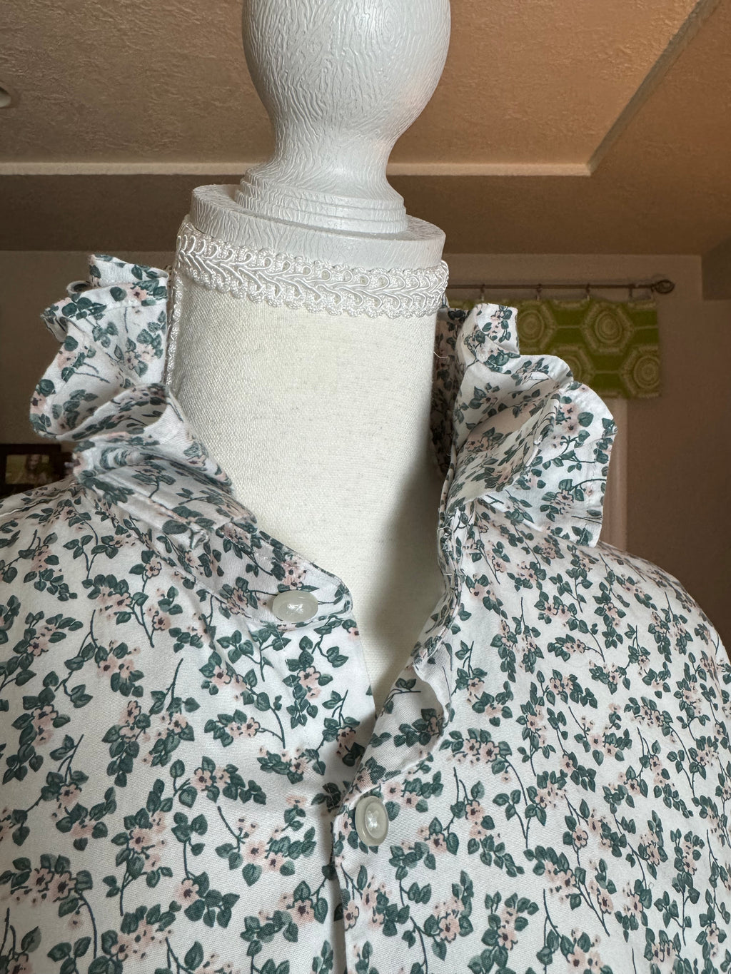 SOLD Rose - NYNE Upcycled Mens Ruffle Collar Shirt - green plaid - Size Medium/Large