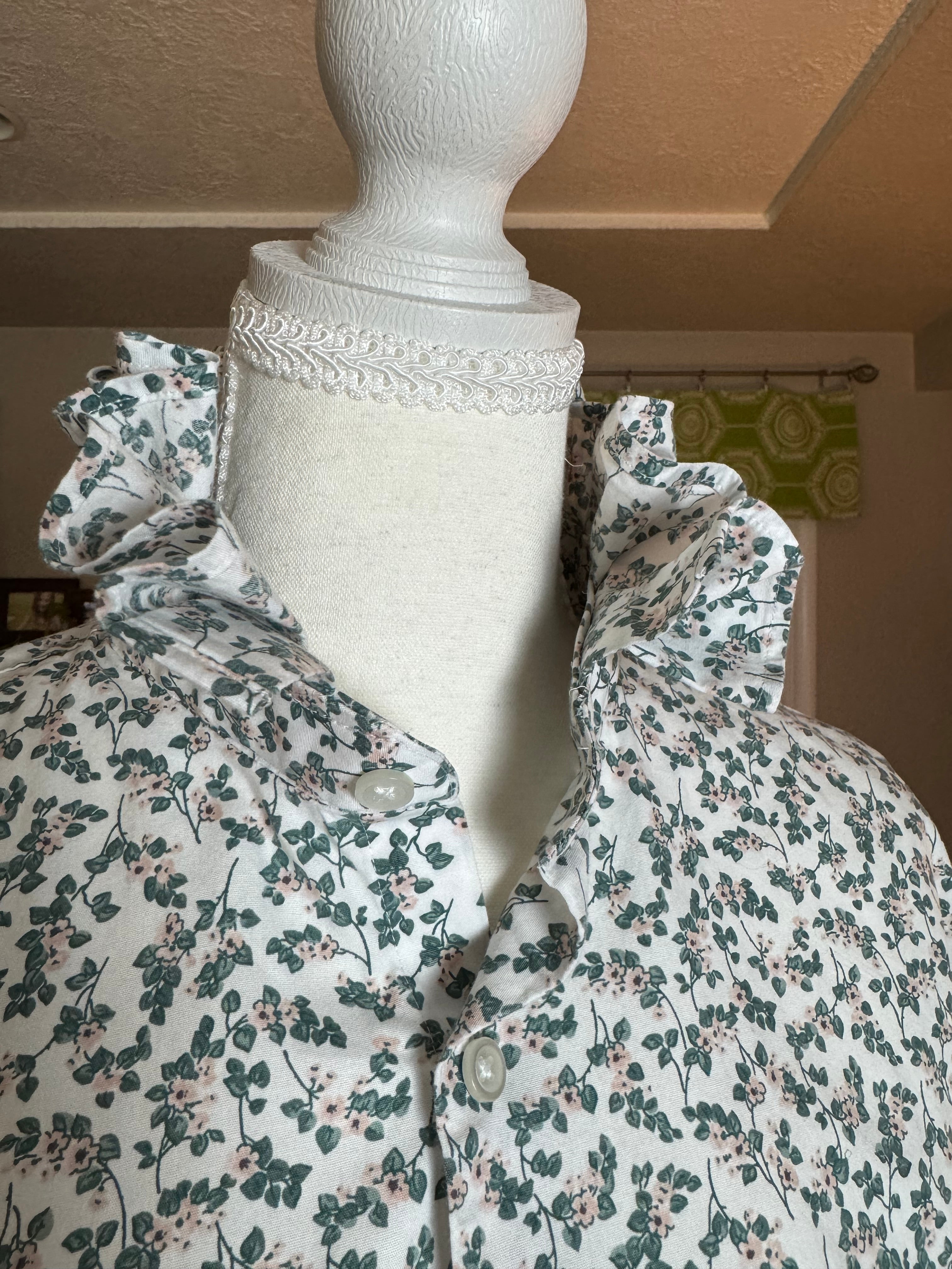 SOLD Rose - NYNE Upcycled Mens Ruffle Collar Shirt - green plaid - Size Medium/Large