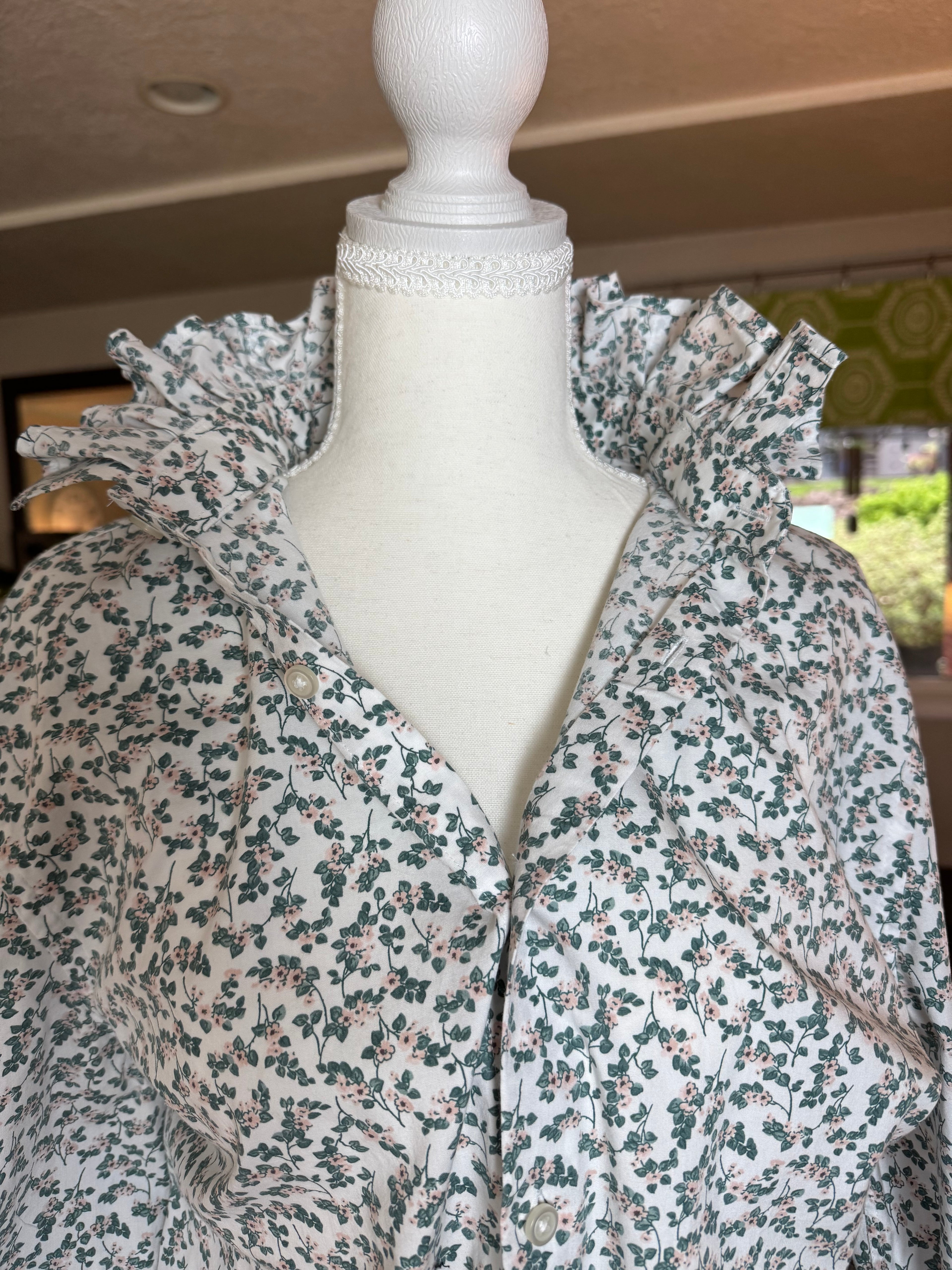 SOLD Rose - NYNE Upcycled Mens Ruffle Collar Shirt - green plaid - Size Medium/Large