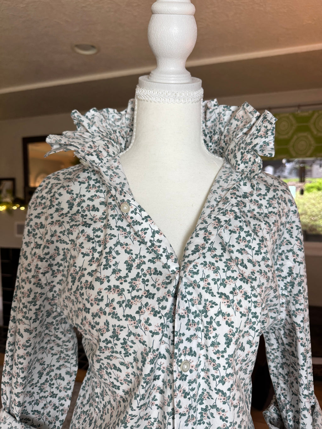 SOLD Rose - NYNE Upcycled Mens Ruffle Collar Shirt - green plaid - Size Medium/Large