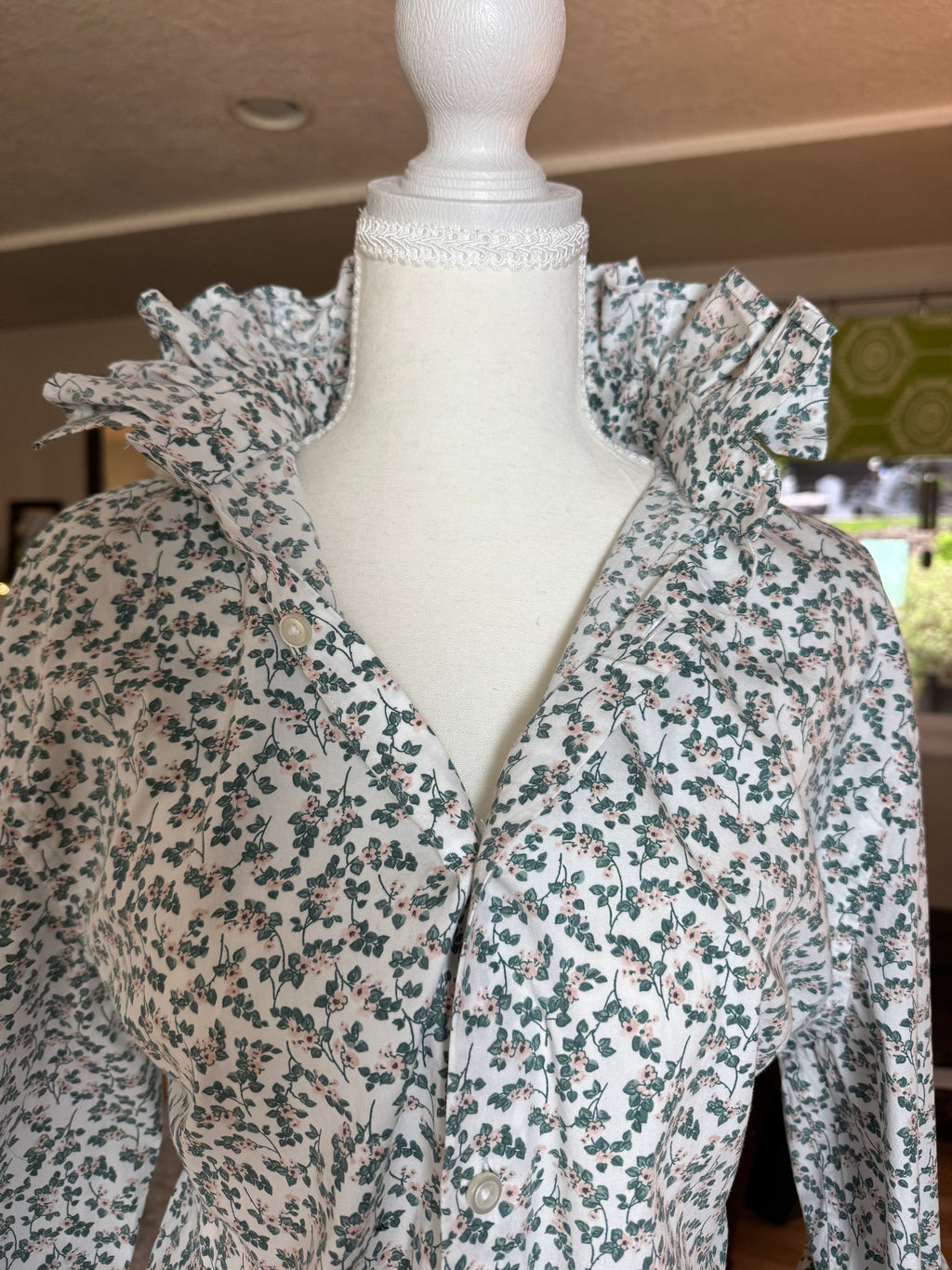 SOLD Rose - NYNE Upcycled Mens Ruffle Collar Shirt - green plaid - Size Medium/Large