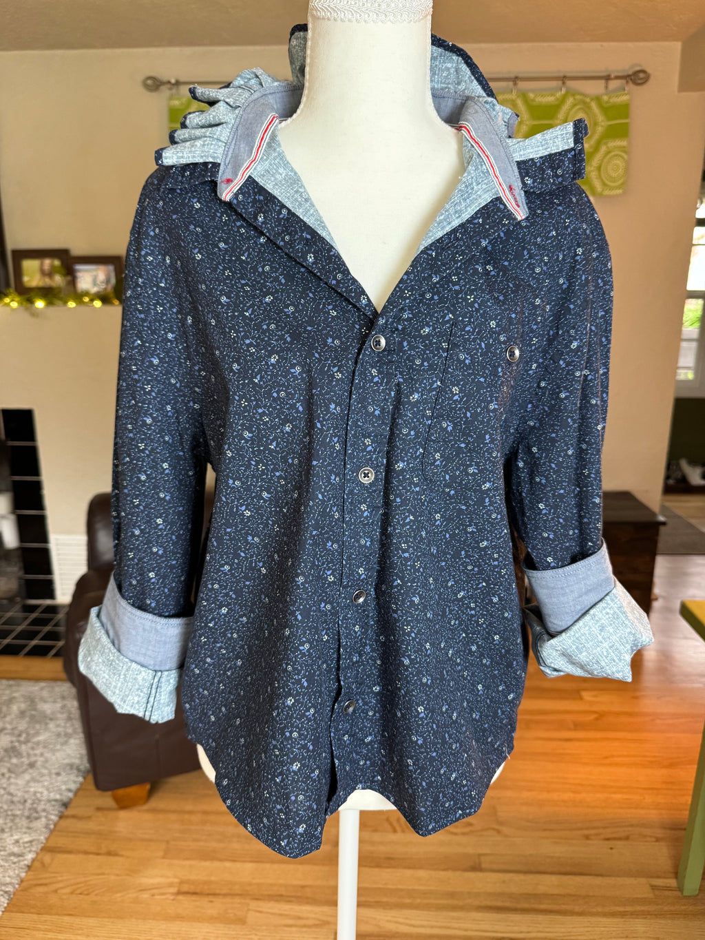 SOLD Pearl - Flag and Anthem Upcycled Mens Ruffle Collar Shirt - Navy with small white flowers - Size Medium/Large
